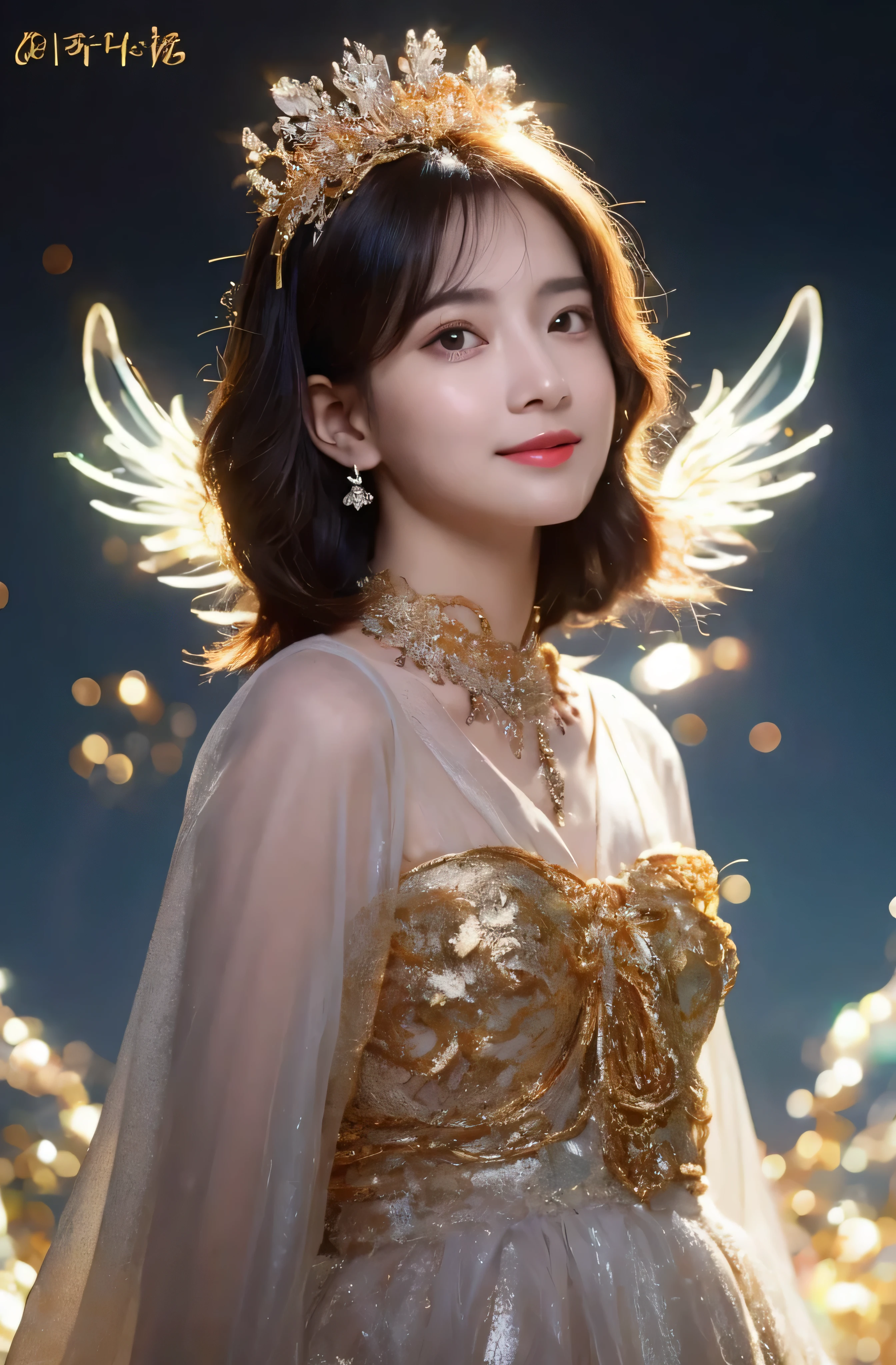 castle in the distance、face is in front、look at the camera、profile、8K、real photos、ultra high resolution, master parts, highest quality, ticker , cinematic images,nice girl、Ann、14 years old、Annグロサクソン、double eyelid、droopy eyes、very big eyes、eyes are purple、dark eye shadow、lips are very thin、The tip of your nose grows beautifully.......................................................、small nose,,,,, very detailed , silver hair、straight short hair、smile、 sweet expression 、)、very clear shadows , jewelry , fine eyes, Very difficult, shiny skin , パーフェクトブリリAnnト, perfect sentence, dramatic shadow、white tiara on head、gold necklace around neck、White aristocratic dress with gold embroidery、glass high heels、angel wings