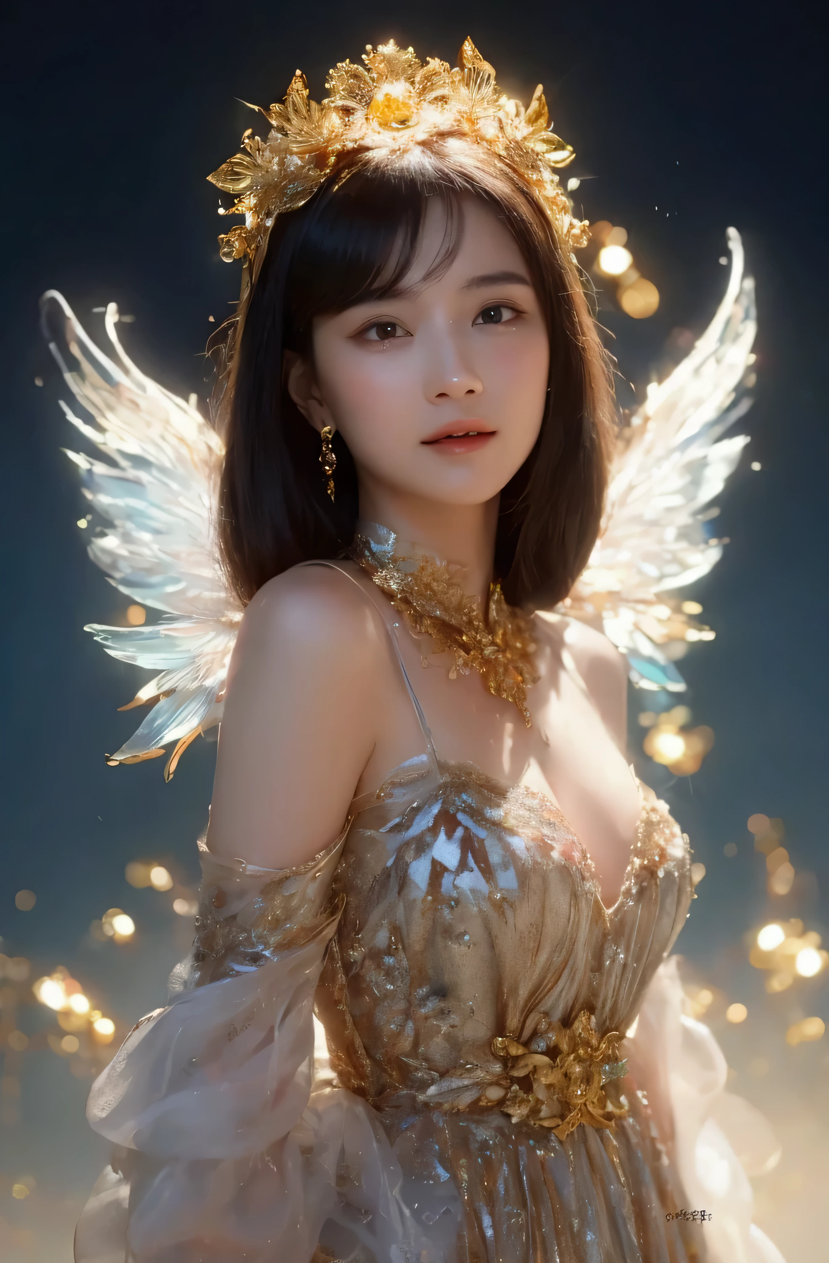 castle in the distance、face is in front、look at the camera、profile、8K、real photos、ultra high resolution, master parts, highest quality, ticker , cinematic images,nice girl、Ann、、Annグロサクソン、double eyelid、droopy eyes、very big eyes、eyes are purple、dark eye shadow、lips are very thin、The tip of your nose grows beautifully.......................................................、small nose,,,,, very detailed , silver hair、straight short hair、smile、 sweet expression 、)、very clear shadows , jewelry , fine eyes, Very difficult, shiny skin , パーフェクトブリリAnnト, perfect sentence, dramatic shadow、white tiara on head、gold necklace around neck、White aristocratic dress with gold embroidery、glass high heels、angel wings