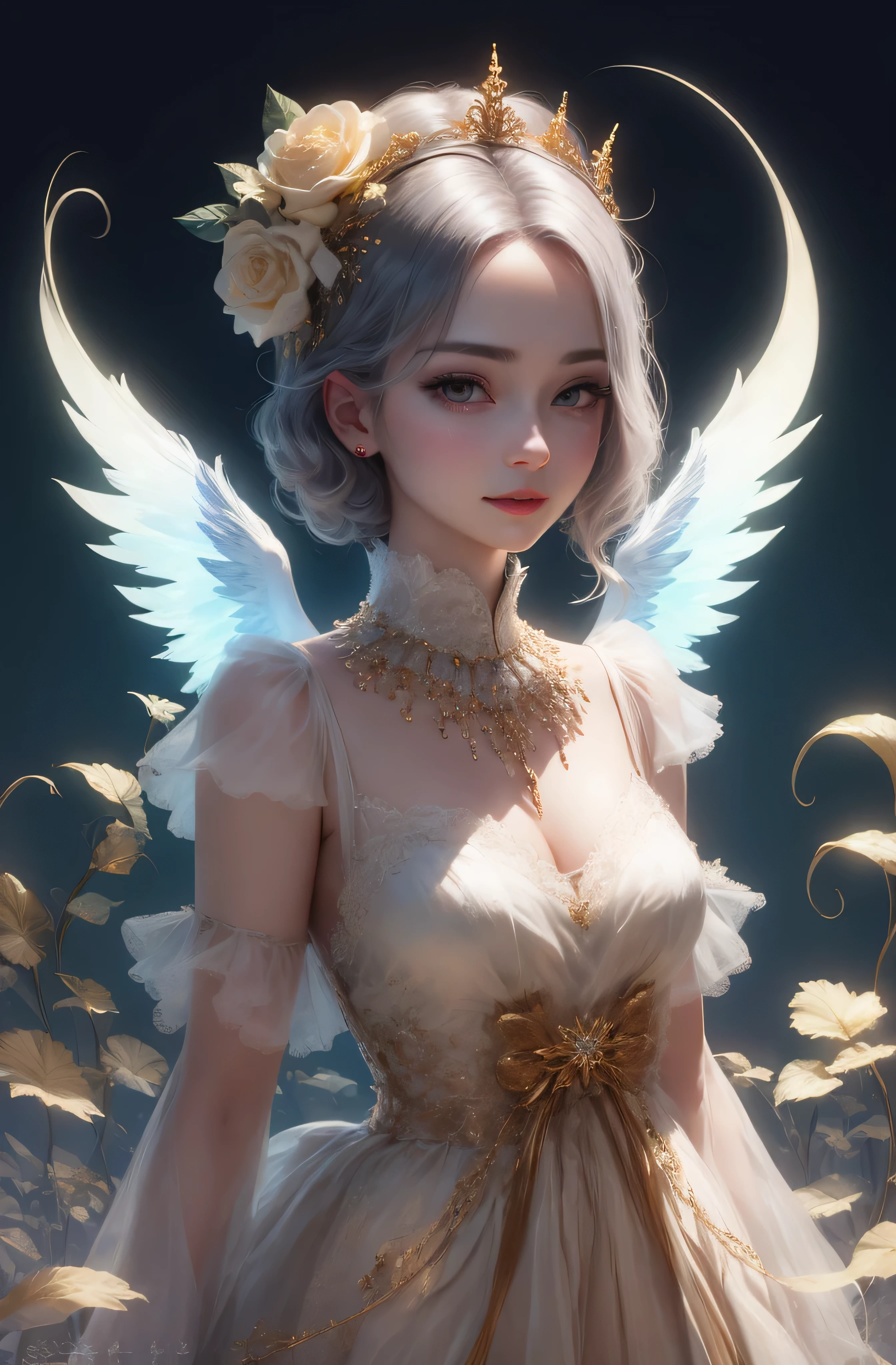 castle in the distance、face is in front、look at the camera、profile、8K、real photos、ultra high resolution, master parts, highest quality, ticker , cinematic images,nice girl、Ann、16 only、Annグロサクソン、double eyelid、droopy eyes、very big eyes、eyes are purple、dark eye shadow、lips are very thin、The tip of your nose grows beautifully.......................................................、small nose,,,,, very detailed , silver hair、straight short hair、smile、 sweet expression 、)、very clear shadows , jewelry , fine eyes, Very difficult, shiny skin , パーフェクトブリリAnnト, perfect sentence, dramatic shadow、white tiara on head、Gold necklace around the neck、White aristocratic dress with gold embroidery、glass high heels、angel wings
