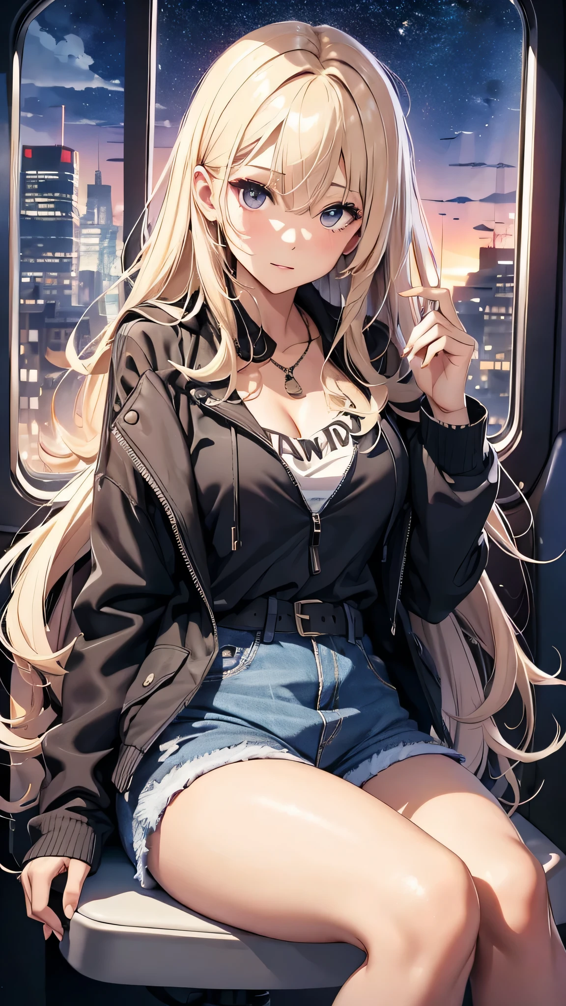 最high quality、best image quality、masterpiece、teenage girl((18-year-old、 By becoming、vest bust、medium bust,wide open breast tea、black eye, blonde hair、Habitual hair、long hair、thin,highest valley、blue shorts、Black Short Sleeve Jacket、sit on a chair、white shirt,chest、Eyeshadow Makeup、sleep、wrap a blanket)),high quality、beautiful art、background(On the plane、first class、red wine))、depth((window、night sky))debris flies、書かれた境界のdepth、movie、visual art、perfect art、8K,genuine