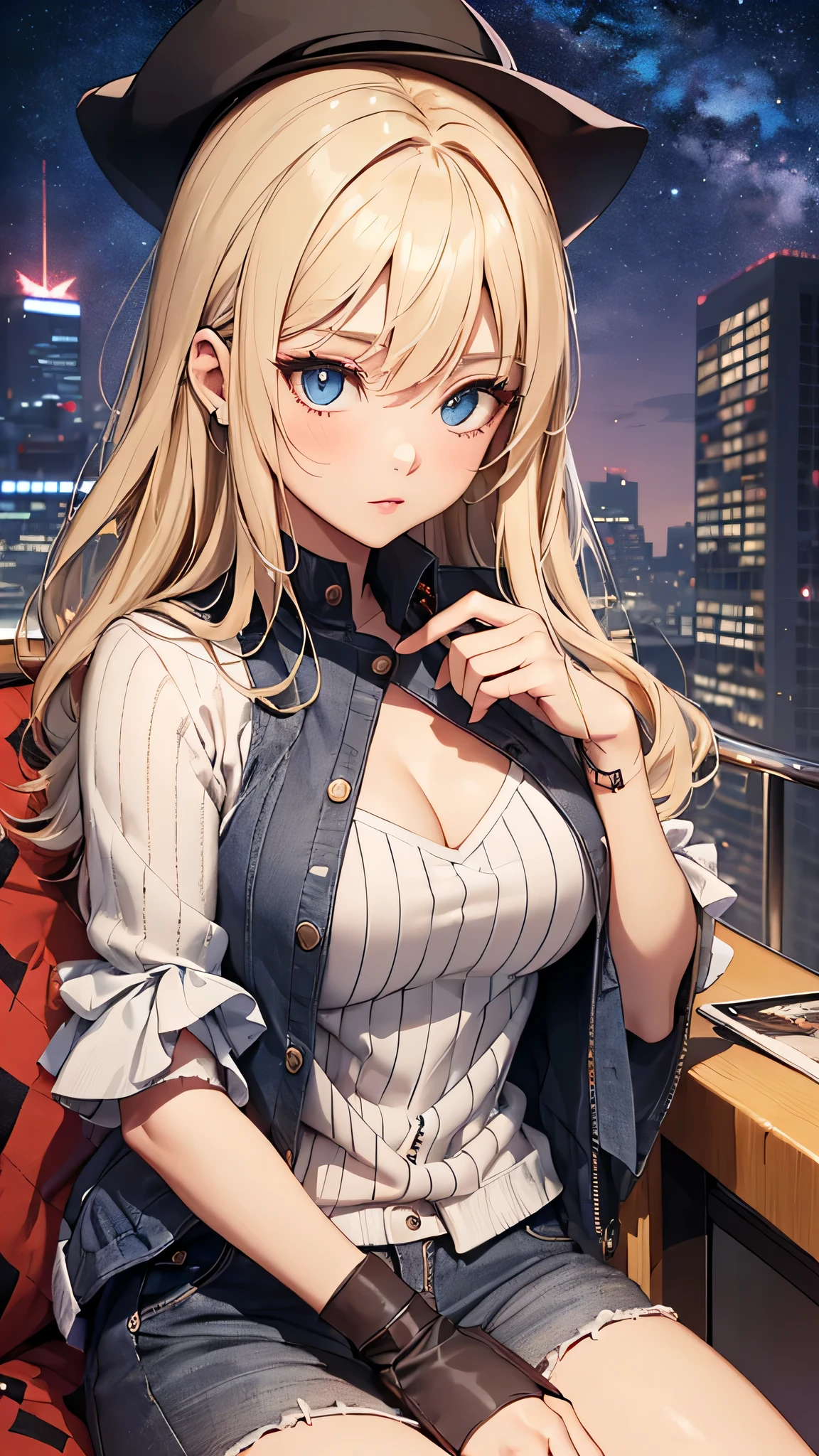 最high quality、best image quality、masterpiece、age girl((18-year-old、 By becoming、vest bust、medium bust,wide open breast tea、black eye, blonde hair、Habitual hair、long hair、thin,highest valley、blue shorts、Black Short Sleeve Jacket、sit on a chair、white shirt,chest、Eyeshadow Makeup、sleep、wrap a blanket)),high quality、beautiful art、background(On the plane、first class、red wine))、depth((window、night sky))debris flies、書かれた境界のdepth、movie、visual art、perfect art、8K,genuine