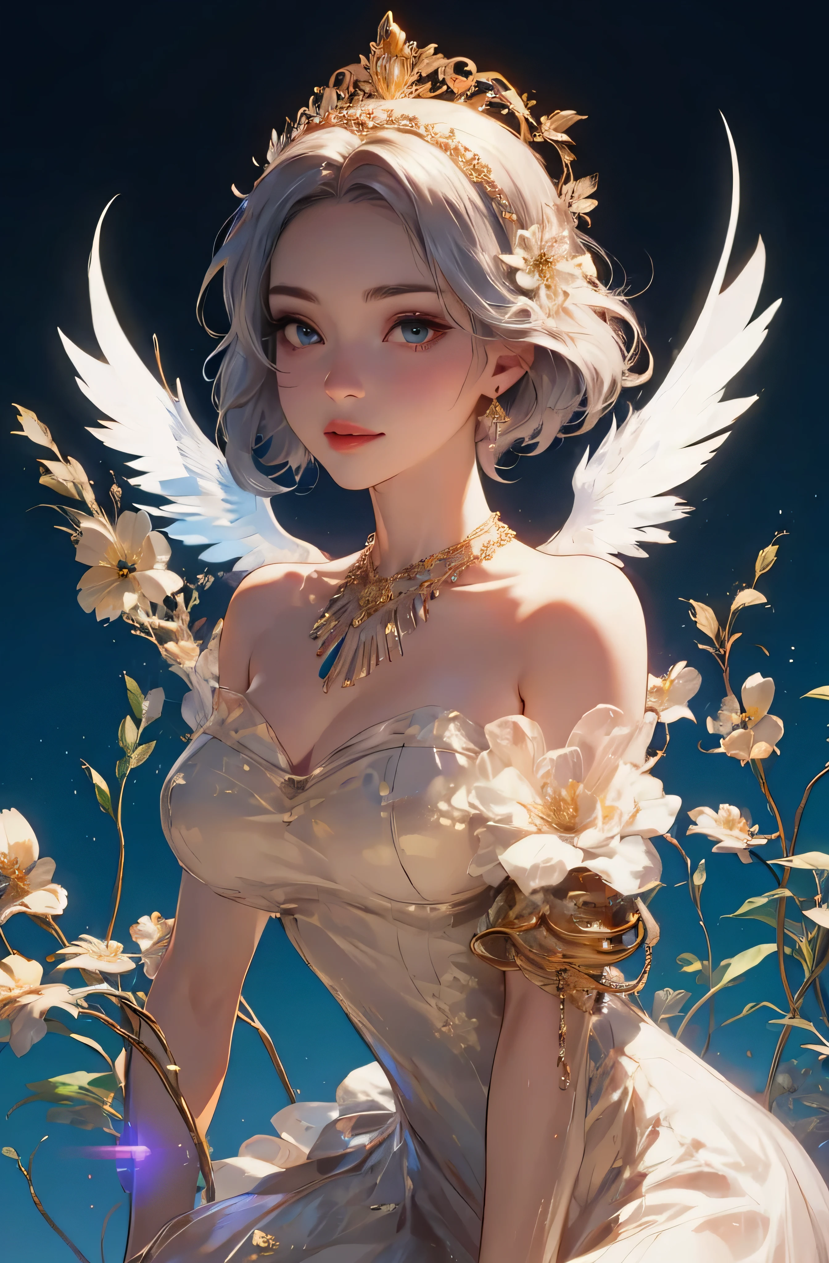castle in the distance、face is in front、look at the camera、profile、8K、real photos、ultra high resolution, master parts, highest quality, ticker , cinematic images,nice girl、Ann、16 only、Annグロサクソン、double eyelid、droopy eyes、very big eyes、eyes are purple、dark eye shadow、lips are very thin、The tip of your nose grows beautifully.......................................................、small nose,,,,, very detailed , silver hair、straight short hair、smile、 sweet expression 、）、very clear shadows , jewelry , fine eyes, Very difficult, shiny skin , パーフェクトブリリAnnト, perfect sentence, dramatic shadow、white tiara on head、Gold necklace around the neck、White aristocratic dress with gold embroidery、glass high heels、angel wings