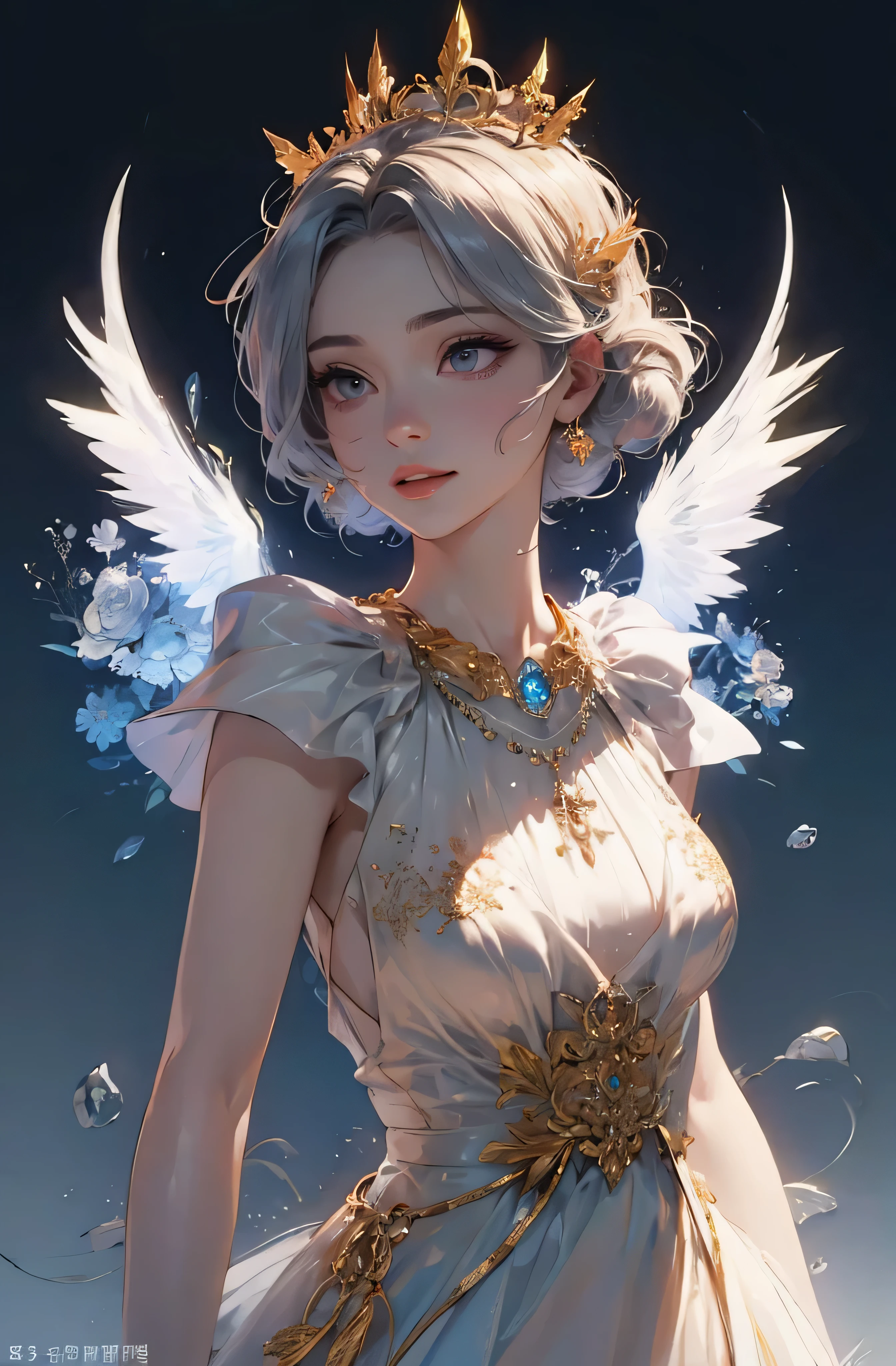 castle in the distance、face is in front、look at the camera、profile、8K、real photos、ultra high resolution, master parts, highest quality, ticker , cinematic images,nice girl、Ann、16 only、Annグロサクソン、double eyelid、droopy eyes、very big eyes、eyes are purple、dark eye shadow、lips are very thin、The tip of your nose grows beautifully.......................................................、small nose,,,,, very detailed , silver hair、straight short hair、smile、 sweet expression 、）、very clear shadows , jewelry , fine eyes, Very difficult, shiny skin , パーフェクトブリリAnnト, perfect sentence, dramatic shadow、white tiara on head、Gold necklace around the neck、White aristocratic dress with gold embroidery、glass high heels、angel wings