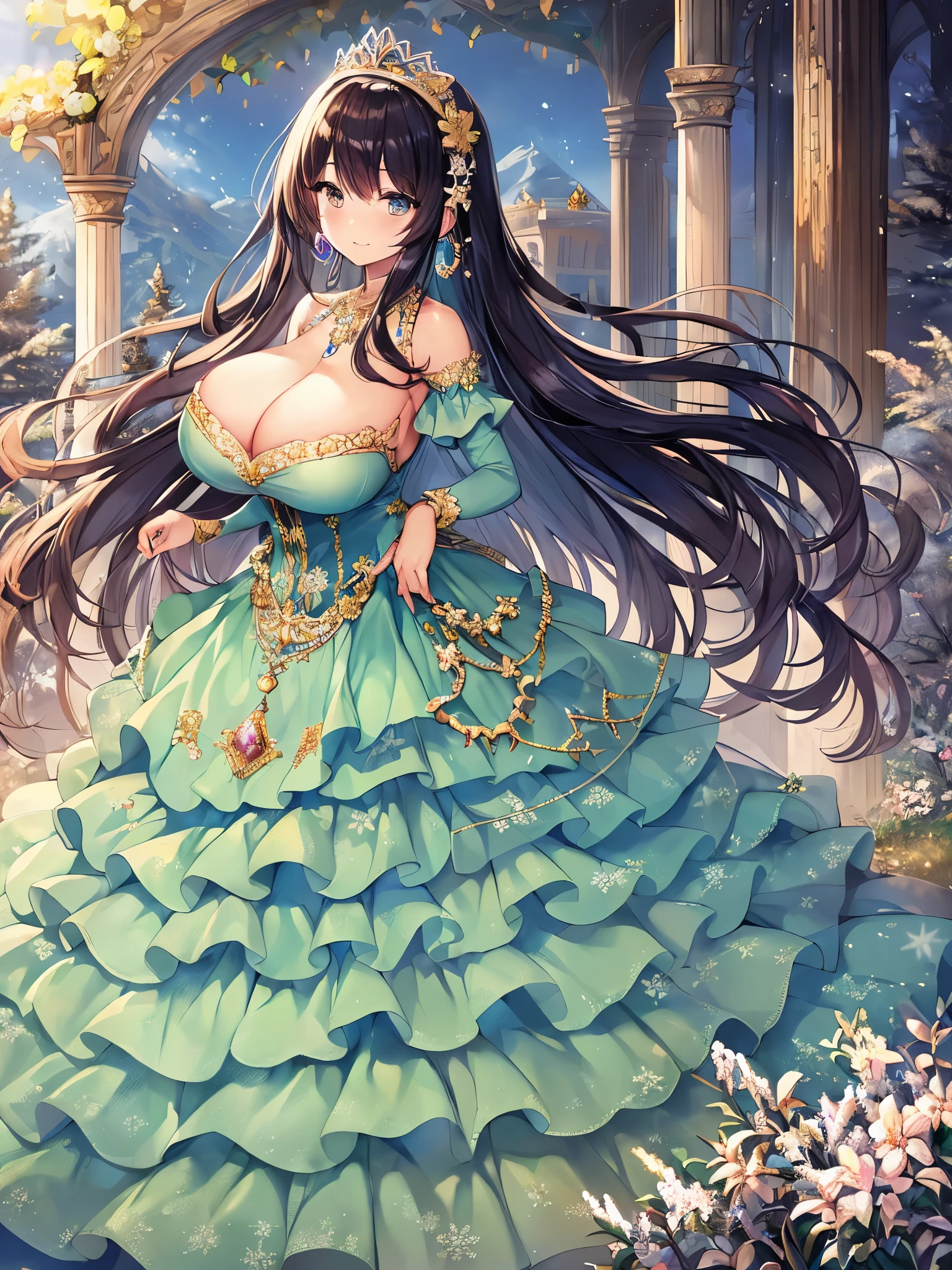 anime artstyle,Masterpiece,Best Quality,Super Detail,((Very Delicate and Beautiful)),(((1 plump princess in beautiful embroidery and jeweled gorgeous rococo ballgown with voluminous hoop skirt))),crinoline skirt,((Solo)),((winter garden with snow,sonw,sky)),((outdoor)),((full body)),(((gigantic tits,gigantic tits,cleavage,sagging tits,hanging breasts))),skindentation,(detailed face and eyes),jewel-like eyes,((extremely voluminous straight Hair,Extremely Long Straight Hair)),((gorgeousfull embroidery and lace,beautiful embroidery and jeweled)),Gorgeous Gemstone Jewelry,gorgeous corsage,((gorgeous hair ornament,glitter jeweled gorgeous big tiara)),((full body)),((beautiful embroidery and jeweled gorgeous rococo ballgown with voluminous hoop skirt)),crinoline skirt,(crinoline),((winter garden with snow,sonw,snowflake,outdoor,sky)),Looking at viewer,dynamic angle,(((beautiful embroidery and jeweled gorgeous rococo ballgown with voluminous hoop skirt))),crinoline skirt,full body,