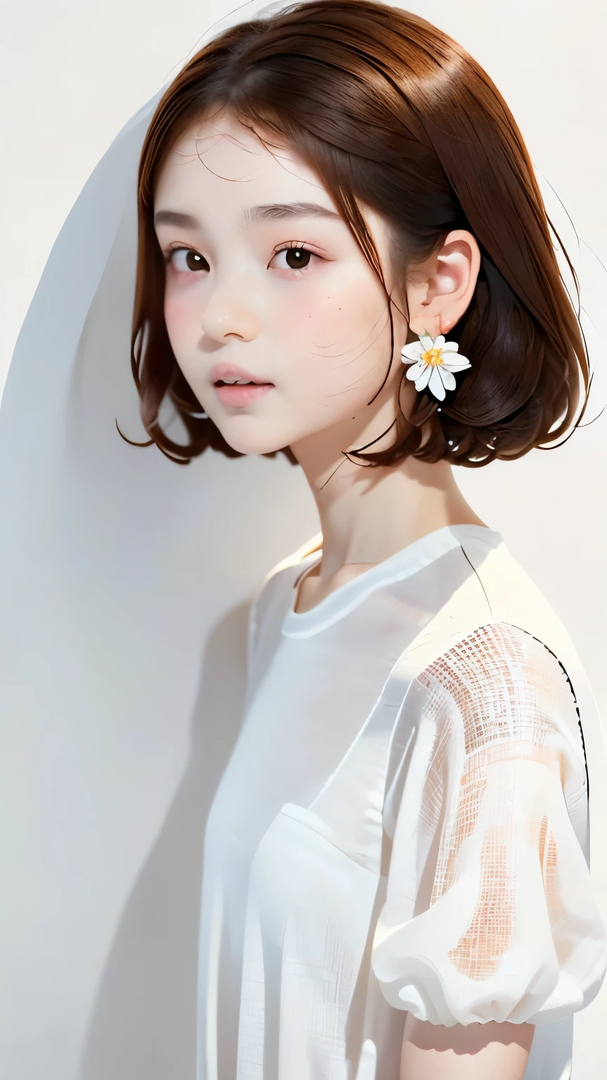 portrait、masterpiece:1.3、one girl、baby face、natural look、very cute、brown hair、short bob、small red earrings、plump lips、no makeup、white t-shirt、focus on face、最high quality、High resolution、Super detailed、high quality、Detailed details、８ｋ、(((blurred background、white wall、white background、White world、Flower Illustration、Flower Illustrationの壁、壁にFlower Illustration、Flower Illustrationが描いてある壁、photo studio:1.5、cinematic lighting、professional photographer)))