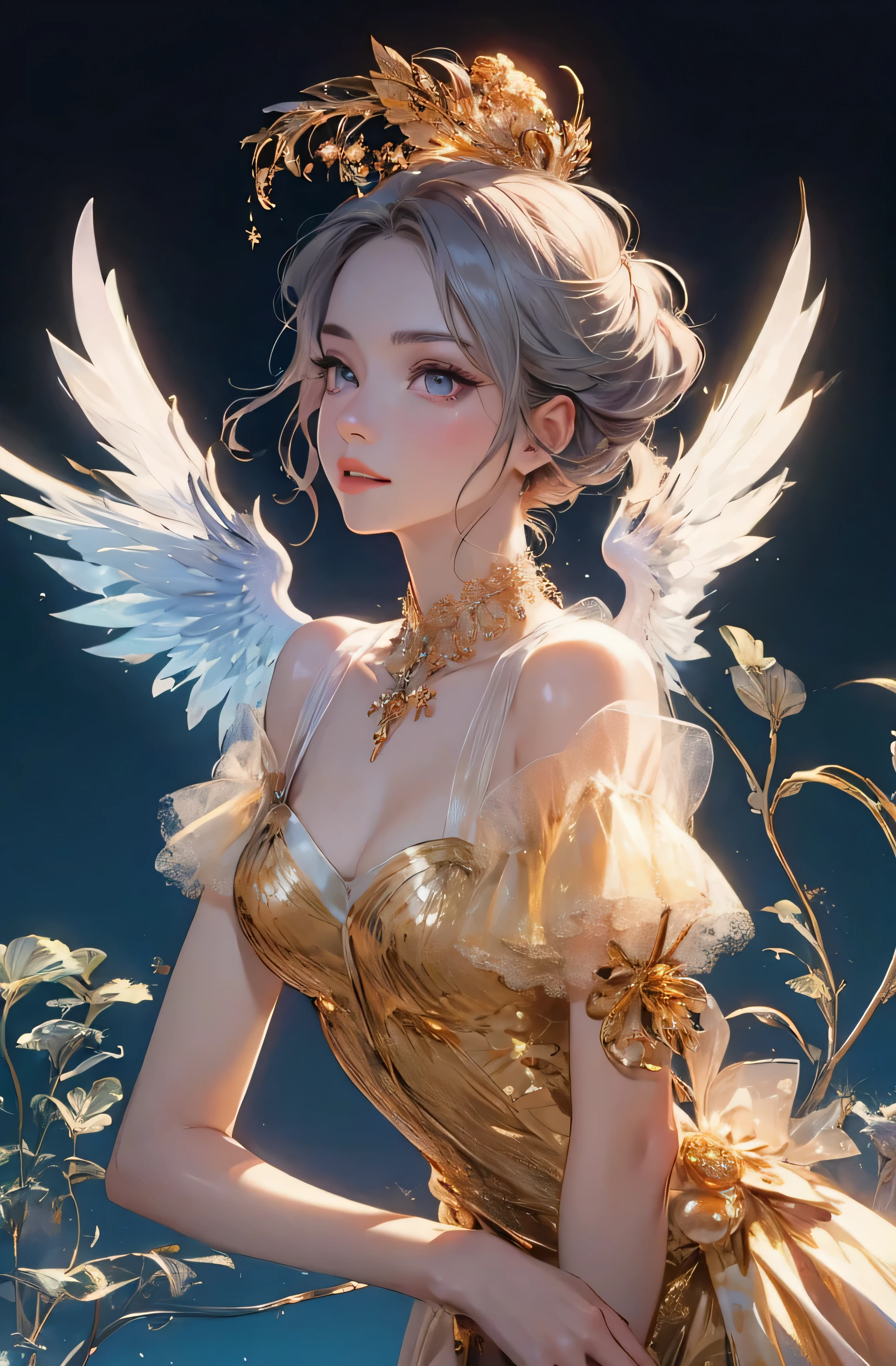 castle in the distance、face is in front、look at the camera、profile、8K、real photos、ultra high resolution, master parts, highest quality, ticker , cinematic images,nice girl、Ann、16 only、Annグロサクソン、double eyelid、droopy eyes、very big eyes、eyes are purple、dark eye shadow、lips are very thin、The tip of your nose grows beautifully.......................................................、small nose,,,,, very detailed , silver hair、straight short hair、smile、 sweet expression 、)、very clear shadows , jewelry , fine eyes, Very difficult, shiny skin , パーフェクトブリリAnnト, perfect sentence, dramatic shadow、white tiara on head、Gold necklace around the neck、White aristocratic dress with gold embroidery、glass high heels、angel wings