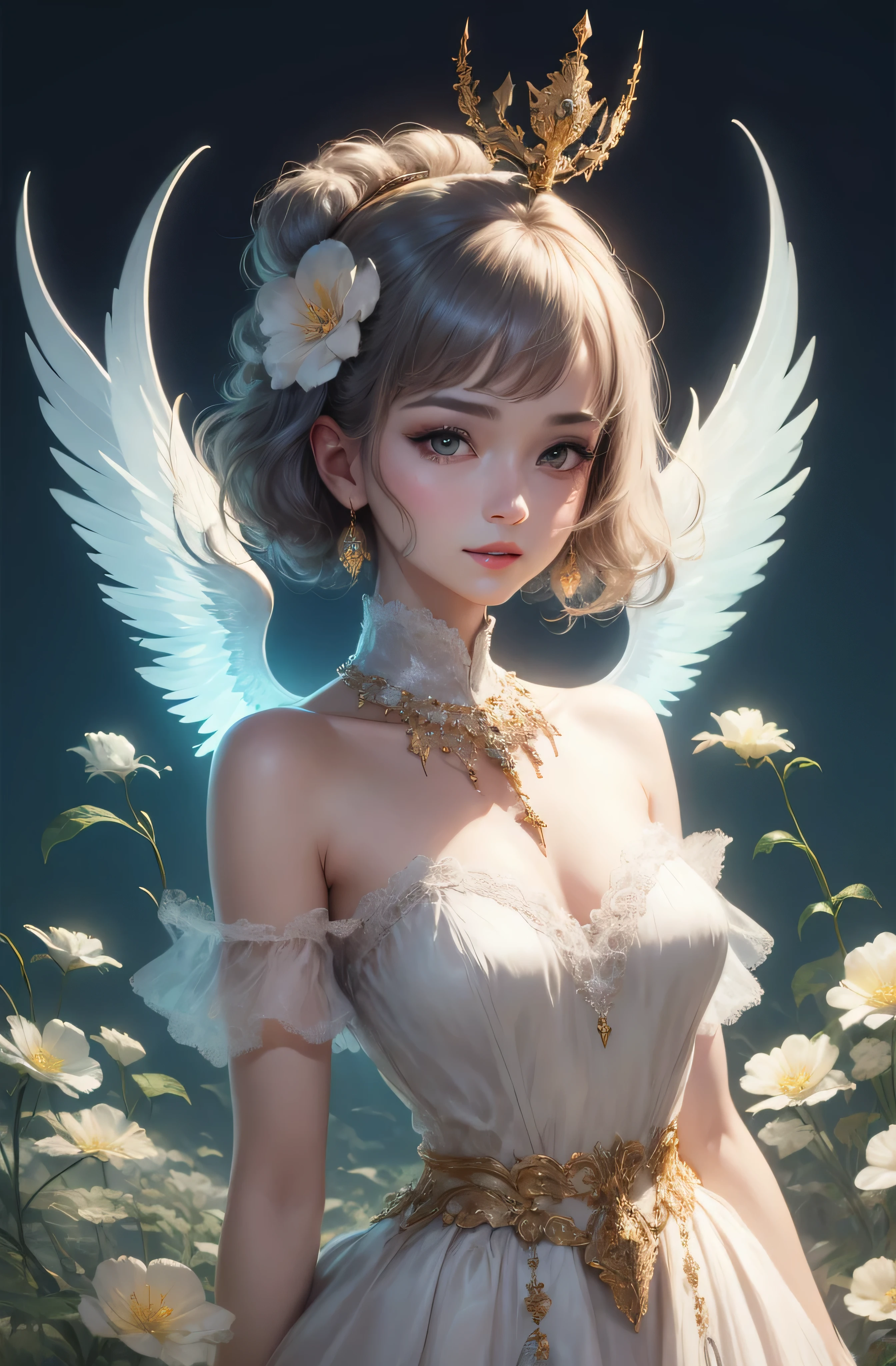 castle in the distance、face is in front、look at the camera、profile、8K、real photos、ultra high resolution, master parts, highest quality, ticker , cinematic images,nice girl、Ann、16 only、Annグロサクソン、double eyelid、droopy eyes、very big eyes、eyes are purple、dark eye shadow、lips are very thin、The tip of your nose grows beautifully.......................................................、small nose,,,,, very detailed , silver hair、straight short hair、smile、 sweet expression 、）、very clear shadows , jewelry , fine eyes, Very difficult, shiny skin , パーフェクトブリリAnnト, perfect sentence, dramatic shadow、white tiara on head、gold necklace around neck、White aristocratic dress with gold embroidery、glass high heels、angel wings