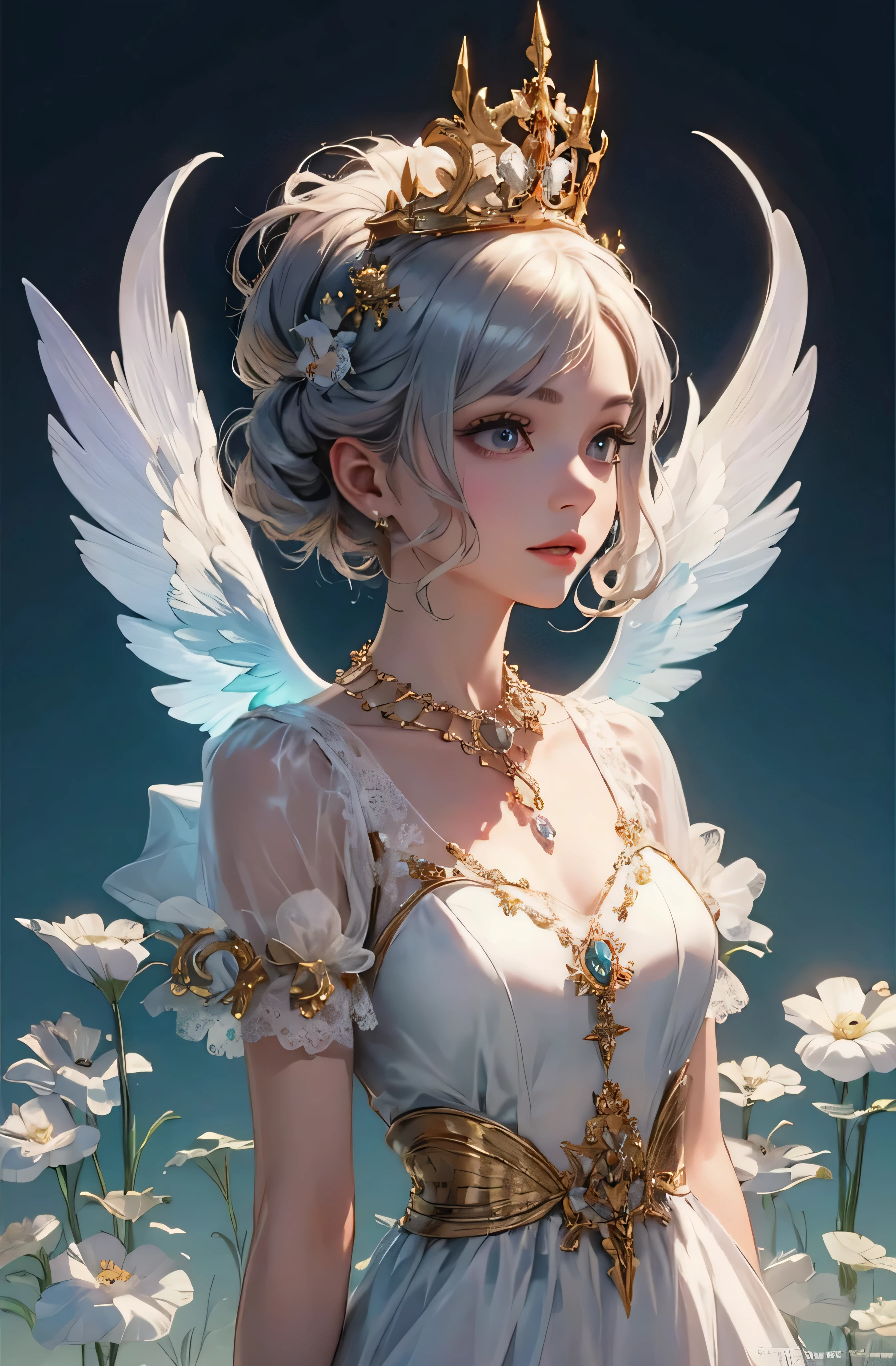 castle in the distance、face is in front、look at the camera、profile、8K、real photos、ultra high resolution, master parts, highest quality, ticker , cinematic images,nice girl、Ann、16 only、Annグロサクソン、double eyelid、droopy eyes、very big eyes、eyes are purple、dark eye shadow、lips are very thin、The tip of your nose grows beautifully.......................................................、small nose,,,,, very detailed , silver hair、straight short hair、smile、 sweet expression 、)、very clear shadows , jewelry , fine eyes, Very difficult, shiny skin , パーフェクトブリリAnnト, perfect sentence, dramatic shadow、white tiara on head、gold necklace around neck、White aristocratic dress with gold embroidery、glass high heels、angel wings
