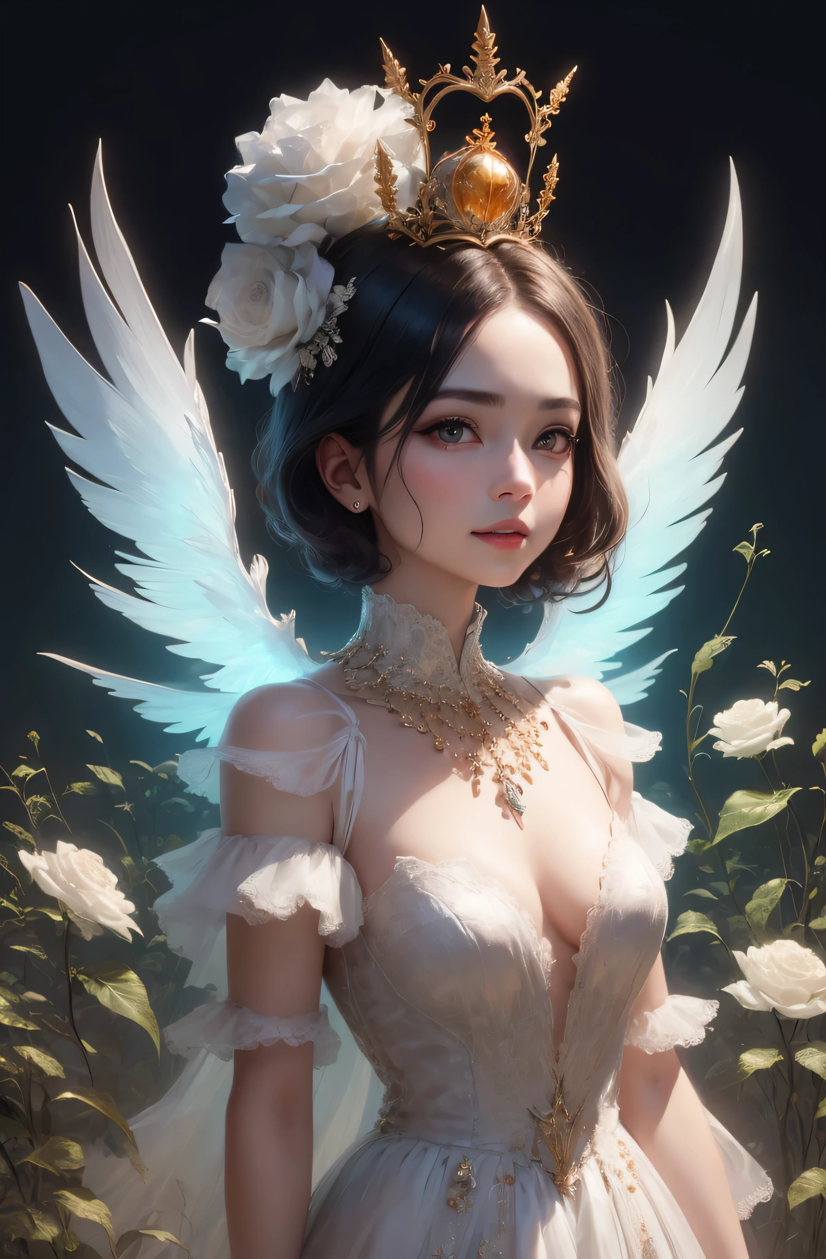 castle in the distance、face is in front、look at the camera、profile、8K、real photos、ultra high resolution, master parts, highest quality, ticker , cinematic images,nice girl、Ann、 only、Annグロサクソン、double eyelid、droopy eyes、very big eyes、eyes are purple、dark eye shadow、lips are very thin、The tip of your nose grows beautifully.......................................................、small nose,,,,, very detailed , silver hair、straight short hair、smile、 sweet expression 、)、very clear shadows , jewelry , fine eyes, Very difficult, shiny skin , パーフェクトブリリAnnト, perfect sentence, dramatic shadow、white tiara on head、gold necklace around neck、White aristocratic dress with gold embroidery、glass high heels、angel wings