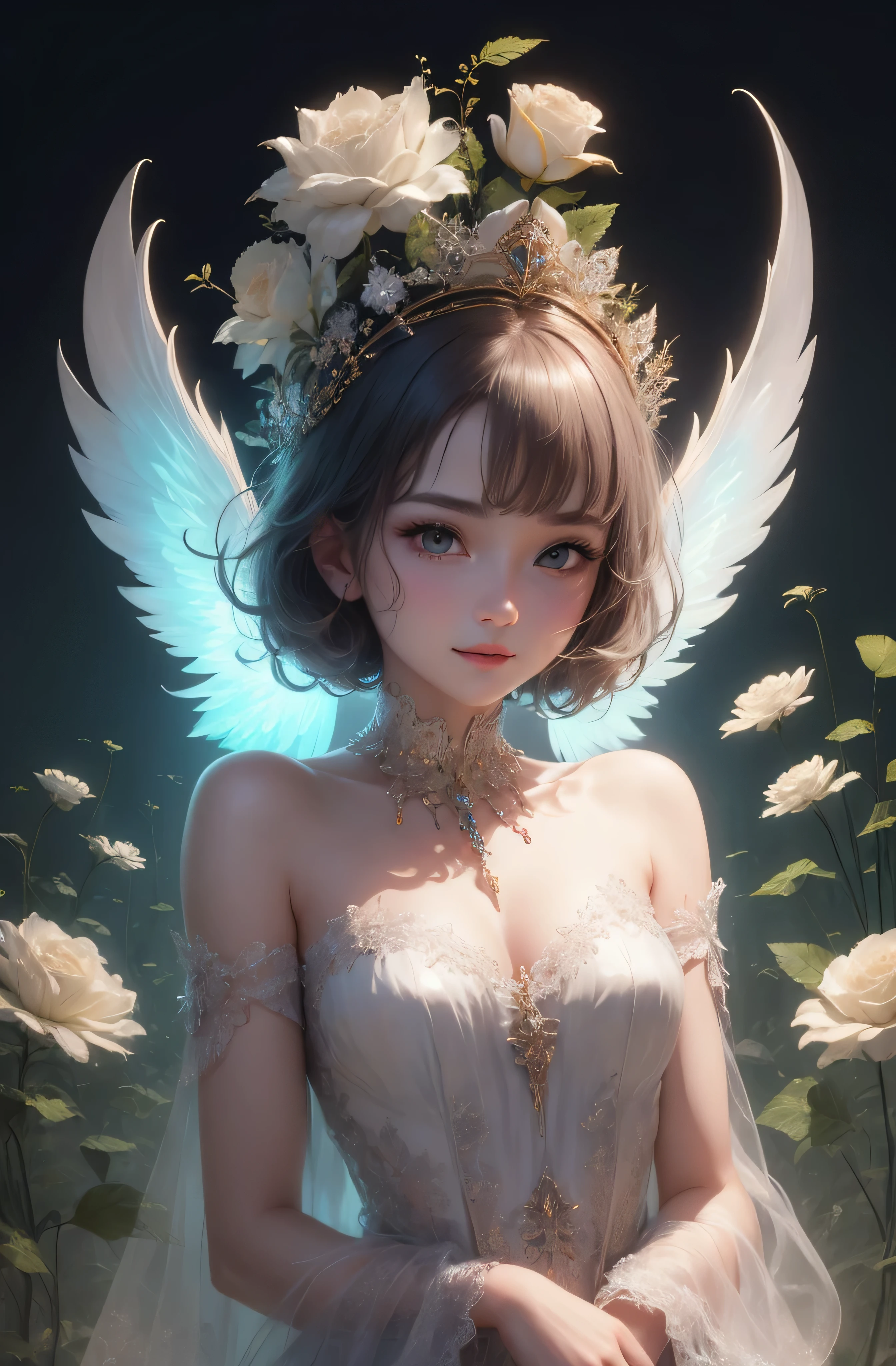 castle in the distance、face is in front、look at the camera、profile、8K、real photos、ultra high resolution, master parts, highest quality, ticker , cinematic images,nice girl、Ann、16 only、Annグロサクソン、double eyelid、droopy eyes、very big eyes、eyes are purple、dark eye shadow、lips are very thin、The tip of your nose grows beautifully.......................................................、small nose,,,,, very detailed , silver hair、straight short hair、smile、 sweet expression 、)、very clear shadows , jewelry , fine eyes, Very difficult, shiny skin , パーフェクトブリリAnnト, perfect sentence, dramatic shadow、white tiara on head、gold necklace around neck、White aristocratic dress with gold embroidery、glass high heels、angel wings