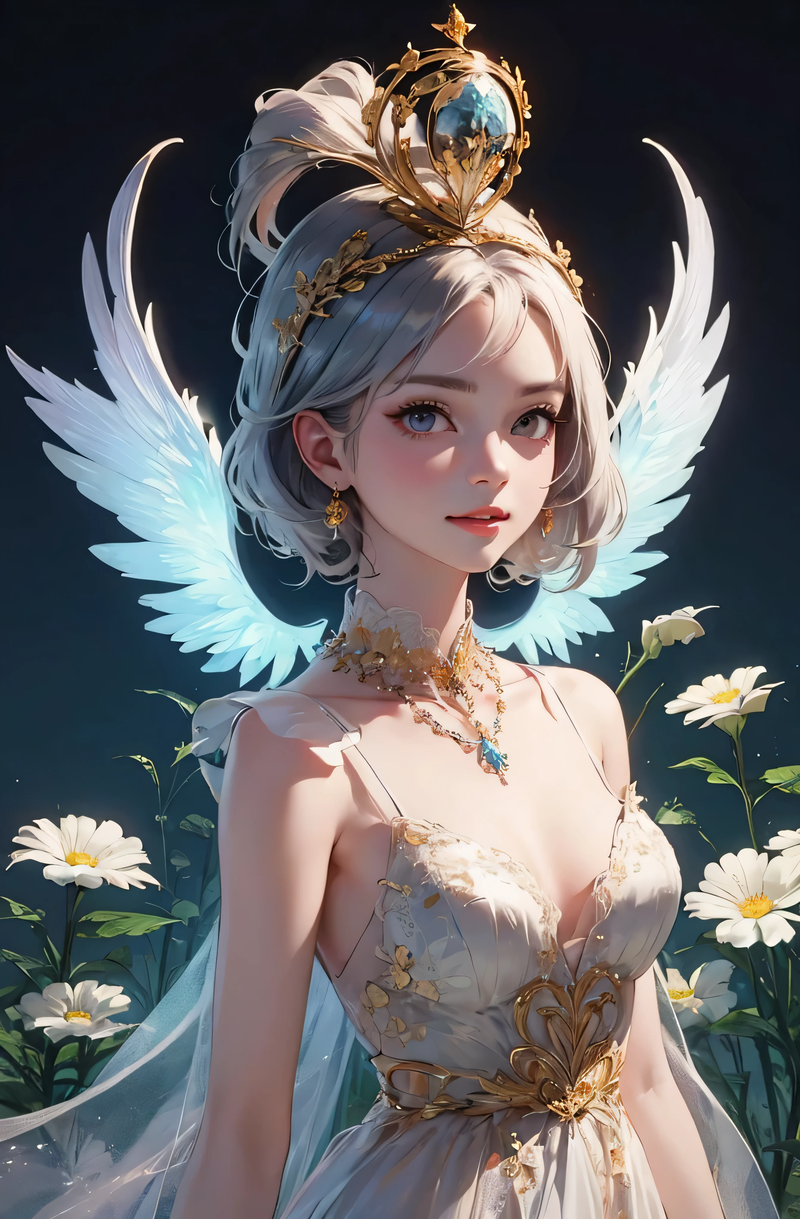 castle in the distance、face is in front、look at the camera、profile、8K、real photos、ultra high resolution, master parts, highest quality, ticker , cinematic images,nice girl、Ann、16 only、Annグロサクソン、double eyelid、droopy eyes、very big eyes、eyes are purple、dark eye shadow、lips are very thin、The tip of your nose grows beautifully.......................................................、small nose,,,,, very detailed , silver hair、straight short hair、smile、 sweet expression 、)、very clear shadows , jewelry , fine eyes, Very difficult, shiny skin , パーフェクトブリリAnnト, perfect sentence, dramatic shadow、white tiara on head、gold necklace around neck、White aristocratic dress with gold embroidery、glass high heels、angel wings