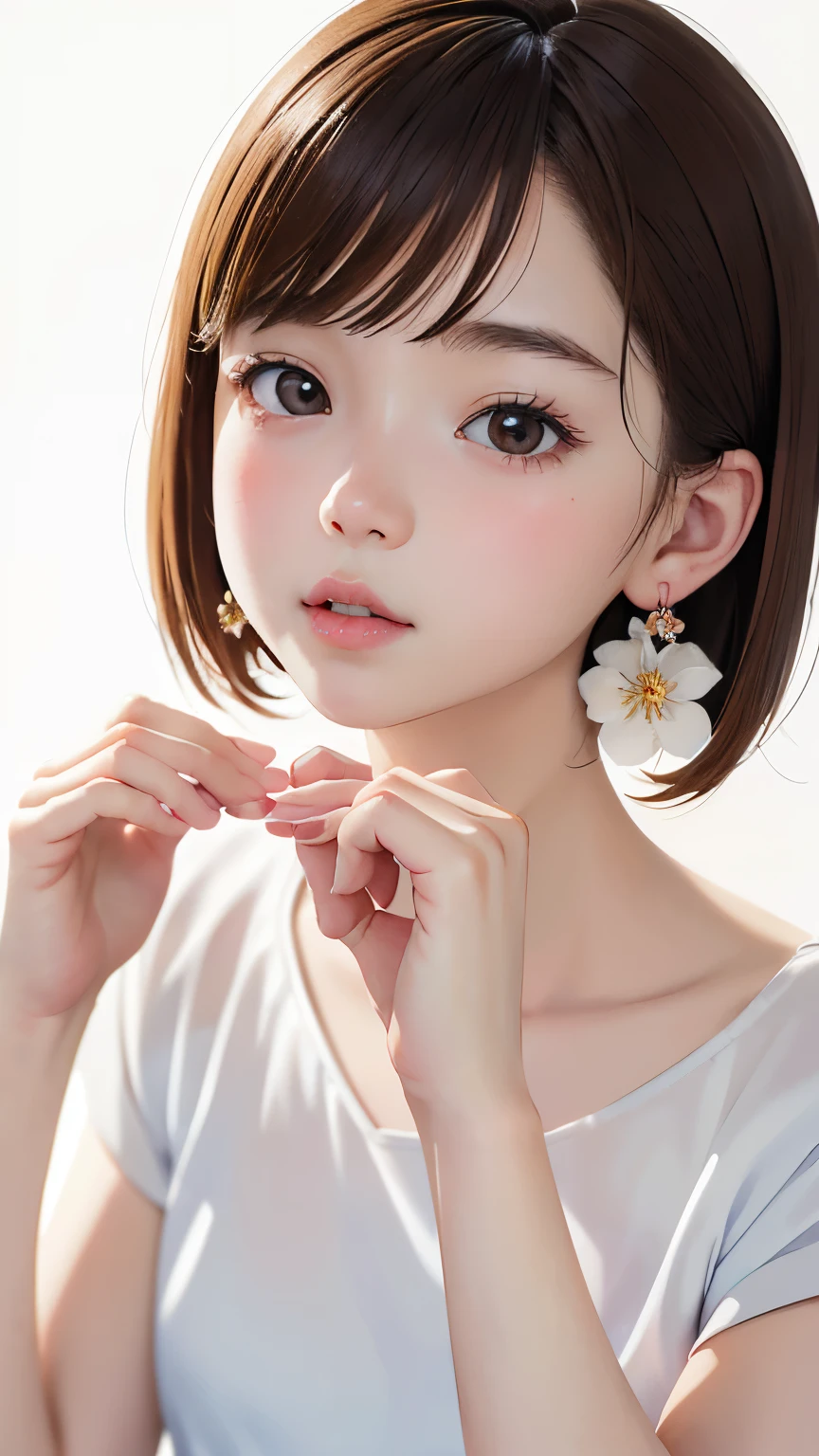 portrait、masterpiece:1.3、one girl、baby face、natural look、very cute、brown hair、short bob、small red earrings、plump lips、no makeup、white t-shirt、focus on face、最high quality、High resolution、Super detailed、high quality、Detailed details、８ｋ、(((blurred background、white wall、white background、White world、Flower Illustration、Flower Illustrationの壁、壁にFlower Illustration、Flower Illustrationが描いてある壁、photo studio:1.5、cinematic lighting、professional photographer)))