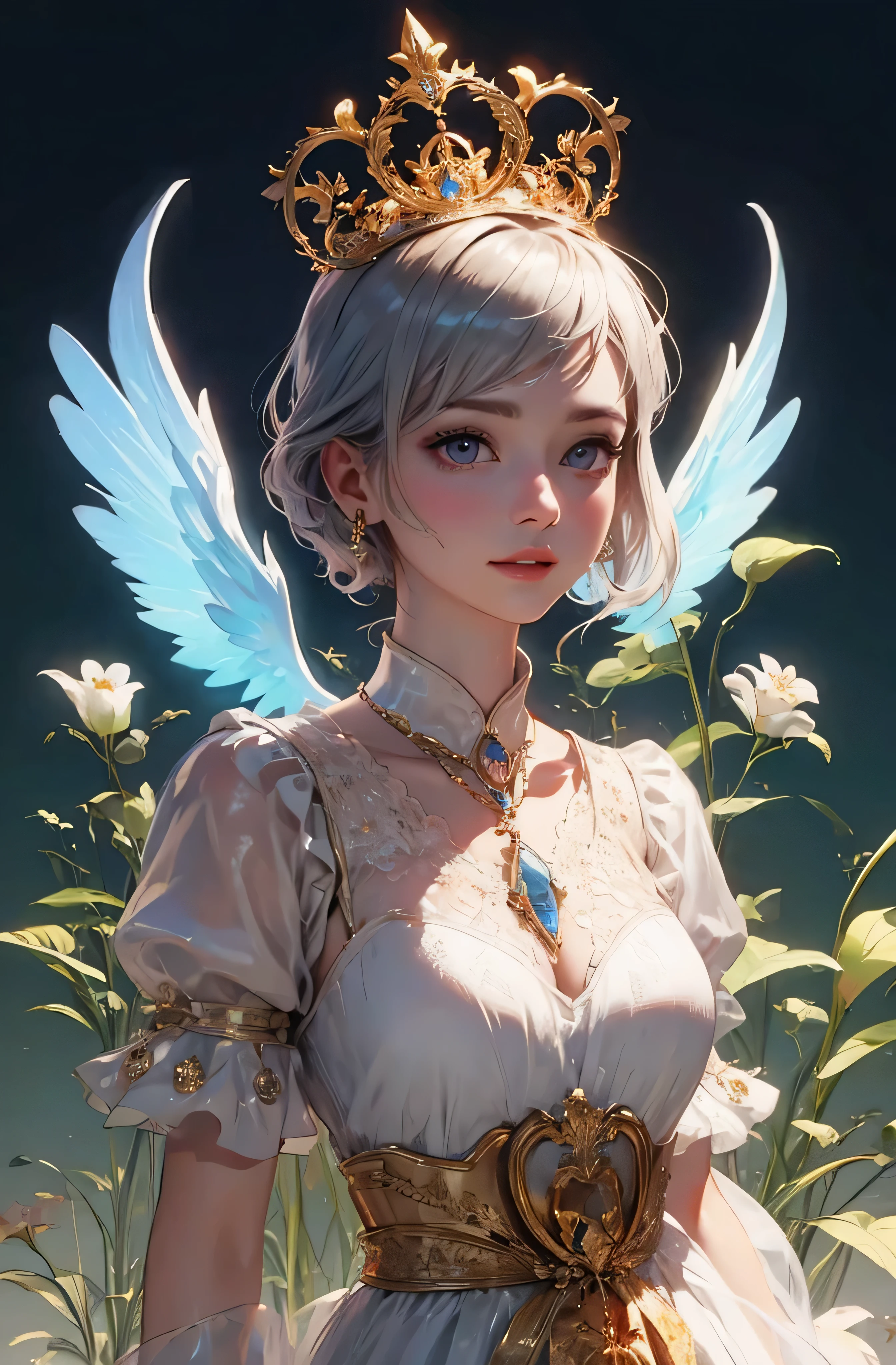 castle in the distance、face is in front、look at the camera、profile、8K、real photos、ultra high resolution, master parts, highest quality, ticker , cinematic images,nice girl、Ann、16 only、Annグロサクソン、double eyelid、droopy eyes、very big eyes、eyes are purple、dark eye shadow、lips are very thin、The tip of your nose grows beautifully.......................................................、small nose,,,,, very detailed , silver hair、straight short hair、smile、 sweet expression 、）、very clear shadows , jewelry , fine eyes, Very difficult, shiny skin , パーフェクトブリリAnnト, perfect sentence, dramatic shadow、white tiara on head、gold necklace around neck、White aristocratic dress with gold embroidery、glass high heels、angel wings