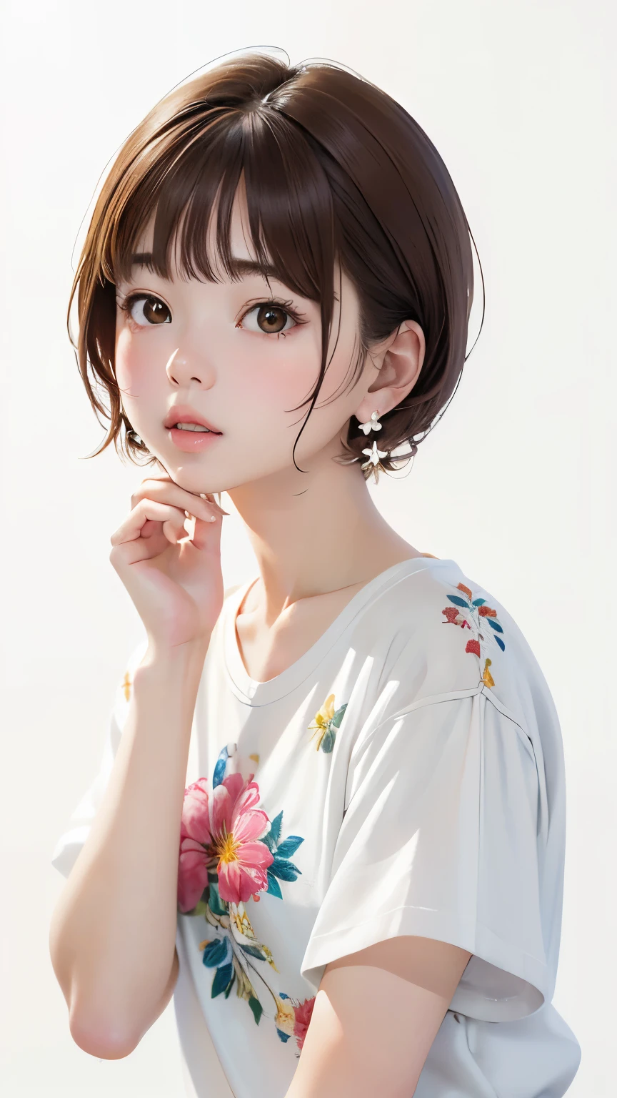 portrait、masterpiece:1.3、one girl、、natural look、very cute、brown hair、short bob、small red earrings、plump lips、no makeup、white t-shirt、focus on face、最high quality、High resolution、Super detailed、high quality、Detailed details、8k、(((blurred background、white wall、white background、White world、Flower Illustration、Flower Illustrationの壁、壁にFlower Illustration、Flower Illustrationが描いてある壁、photo studio:1.5、cinematic lighting、professional photographer)))