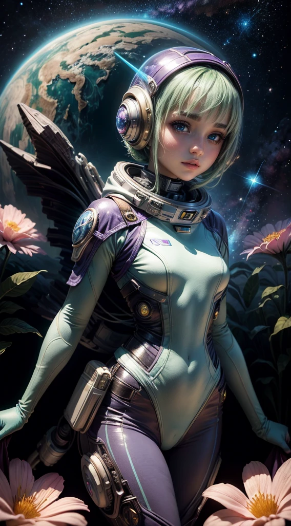 "A detailed painting of a alien girl dressed as a space ranger, exploring an extraterrestrial landscape adorned with vibrant, otherworldly flowers. Science fiction wonderland, imaginative, space adventure."