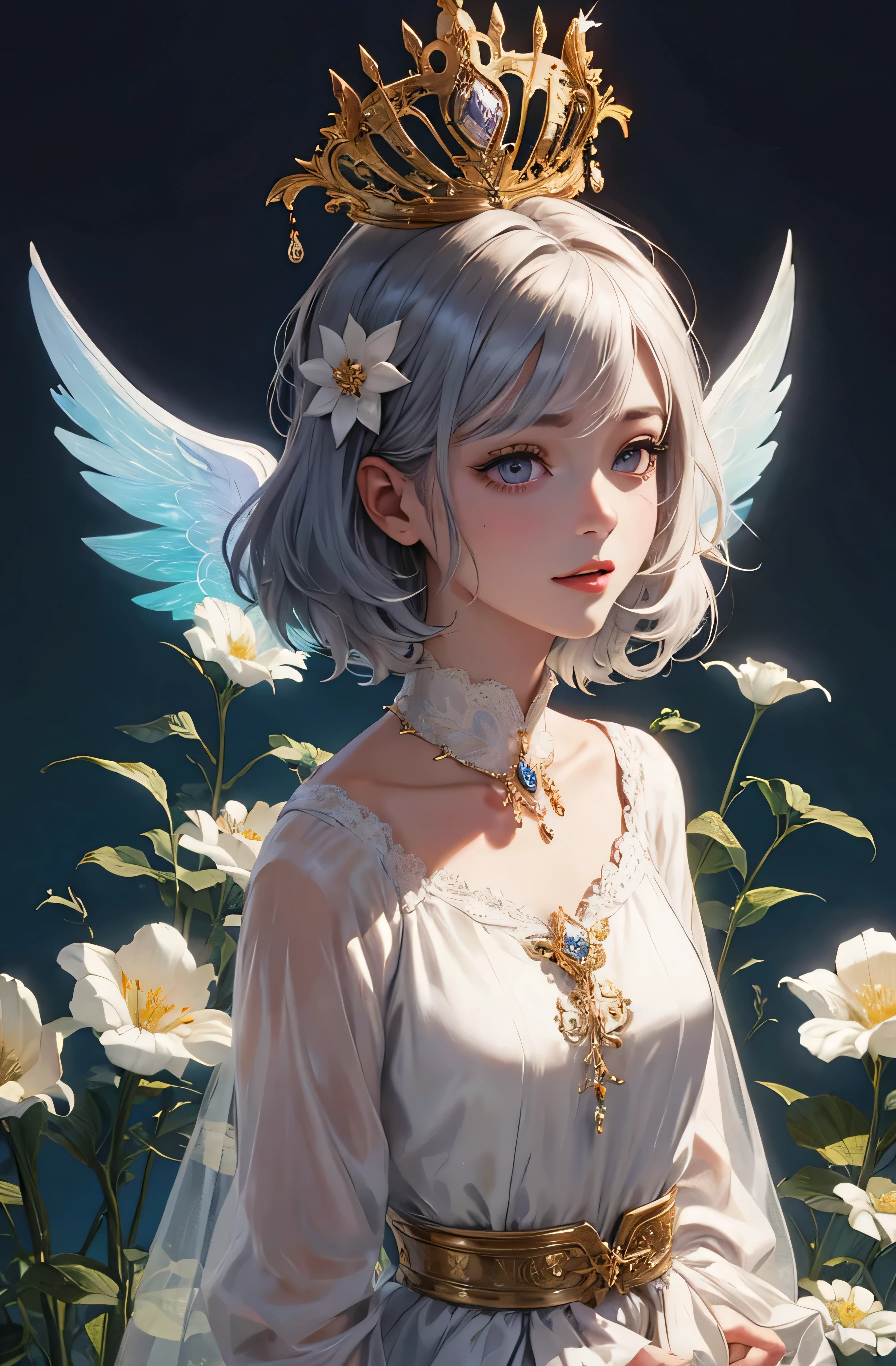 castle in the distance、face is in front、look at the camera、profile、8K、real photos、ultra high resolution, master parts, highest quality, ticker , cinematic images,nice girl、Ann、16 only、Annグロサクソン、double eyelid、droopy eyes、very big eyes、eyes are purple、dark eye shadow、lips are very thin、The tip of your nose grows beautifully.......................................................、small nose,,,,, very detailed , silver hair、straight short hair、smile、 sweet expression 、)、very clear shadows , jewelry , fine eyes, Very difficult, shiny skin , パーフェクトブリリAnnト, perfect sentence, dramatic shadow、white tiara on head、gold necklace around neck、White aristocratic dress with gold embroidery、glass high heels、angel wings