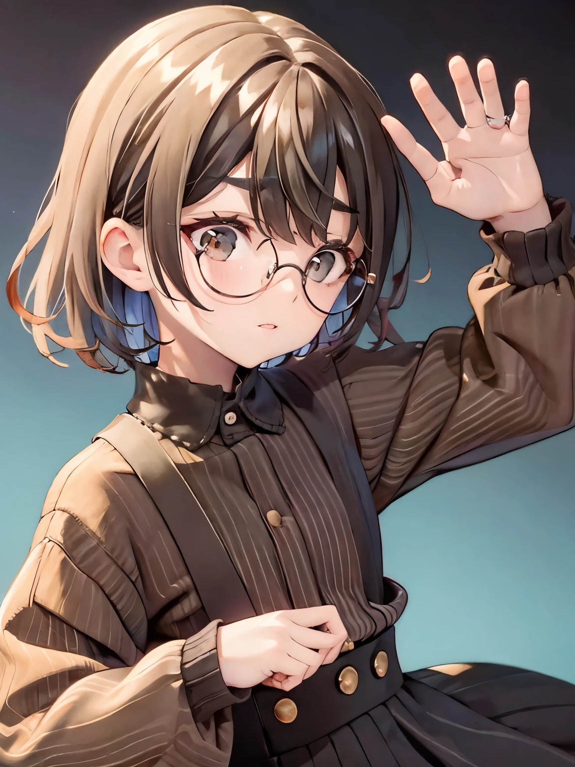 Round glasses, short hair, dark brown hair, thick eyebrows, black clothes