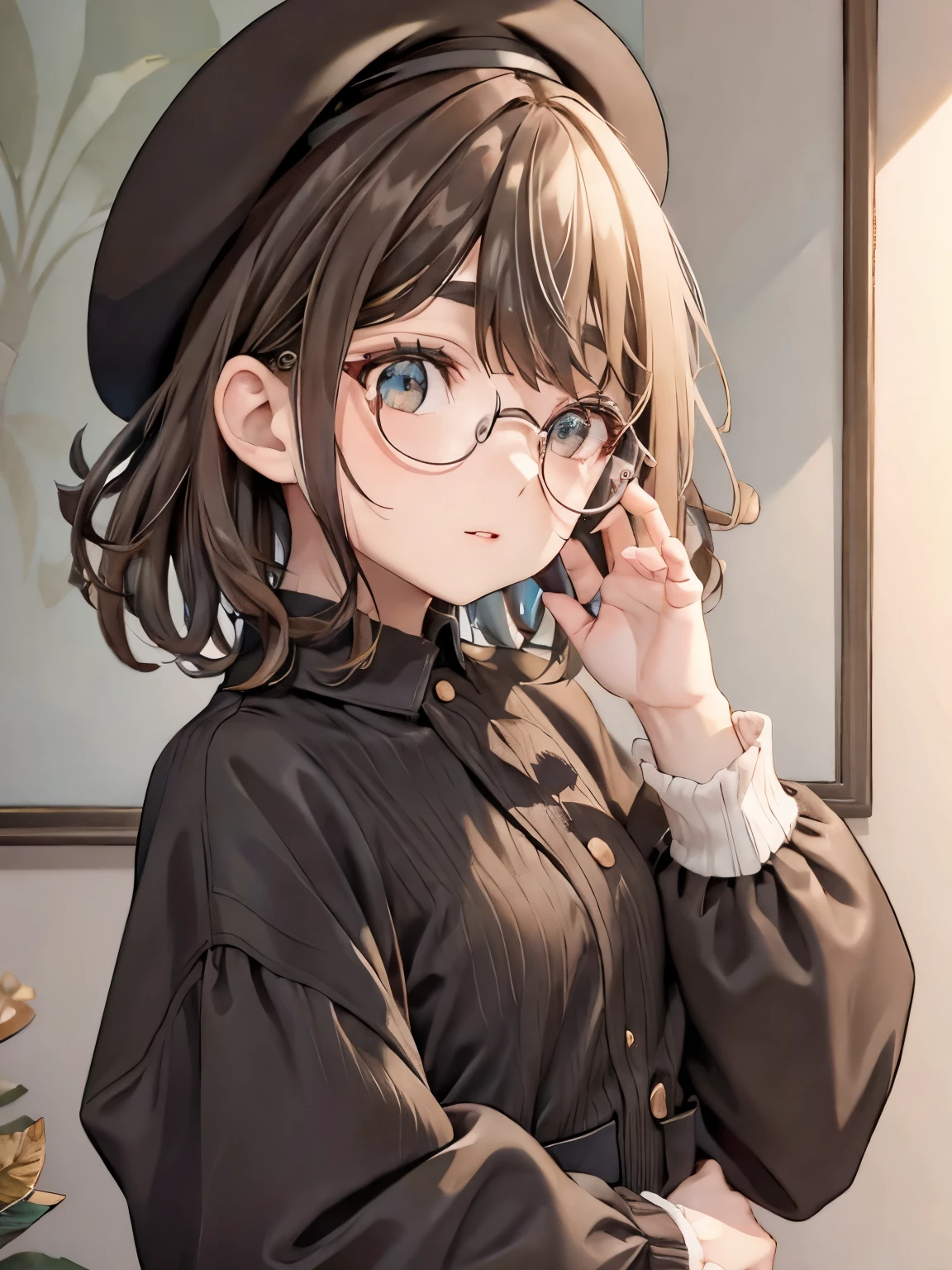 Round glasses, short hair, dark brown hair, thick eyebrows, black clothes, beret