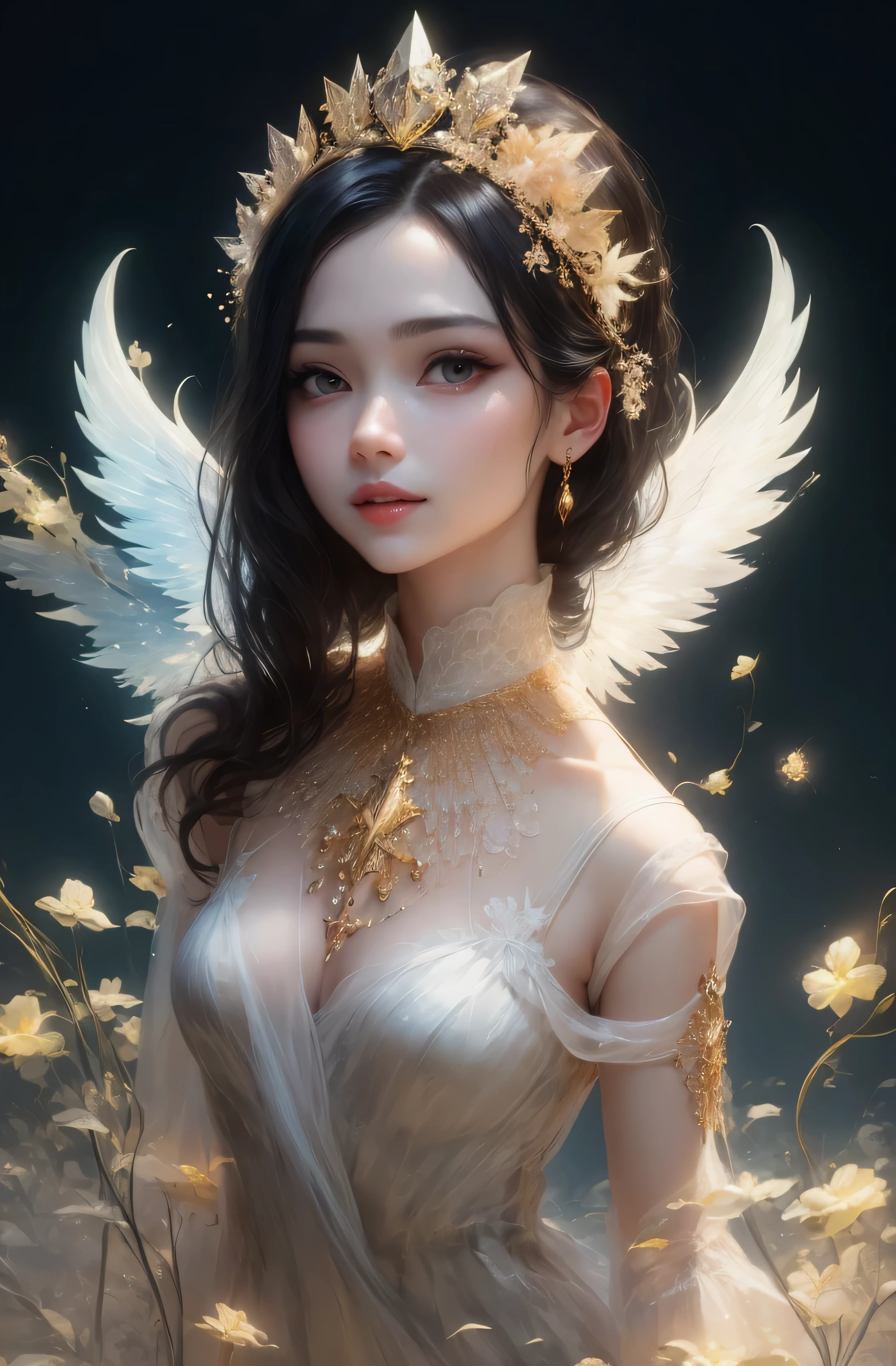 castle in the distance、face is in front、look at the camera、profile、8K、real photos、ultra high resolution, master parts, highest quality, ticker , cinematic images,nice girl、Ann、16 only、Annグロサクソン、double eyelid、droopy eyes、very big eyes、eyes are purple、dark eye shadow、lips are very thin、The tip of your nose grows beautifully.......................................................、small nose,,,,, very detailed , silver hair、straight short hair、smile、 sweet expression 、)、very clear shadows , jewelry , fine eyes, Very difficult, shiny skin , パーフェクトブリリAnnト, perfect sentence, dramatic shadow、white tiara on head、gold necklace around neck、White aristocratic dress with gold embroidery、glass high heels、angel wings