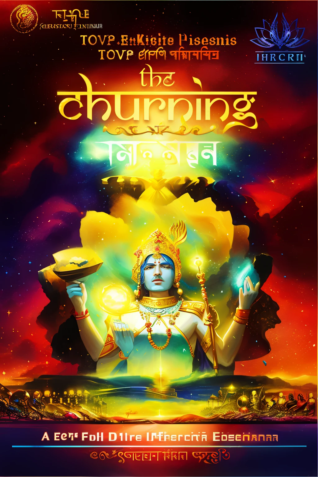 the poster for the upcoming show of the upcoming festival of the divine, churning, cover art, inspired by Saurabh Jethani, by Saurabh Jethani, album artwork, by Ram Chandra Shukla, by Jitish Kallat, published art, by Kailash Chandra Meher, album art cover, book cover, inspired by Kailash Chandra Meher