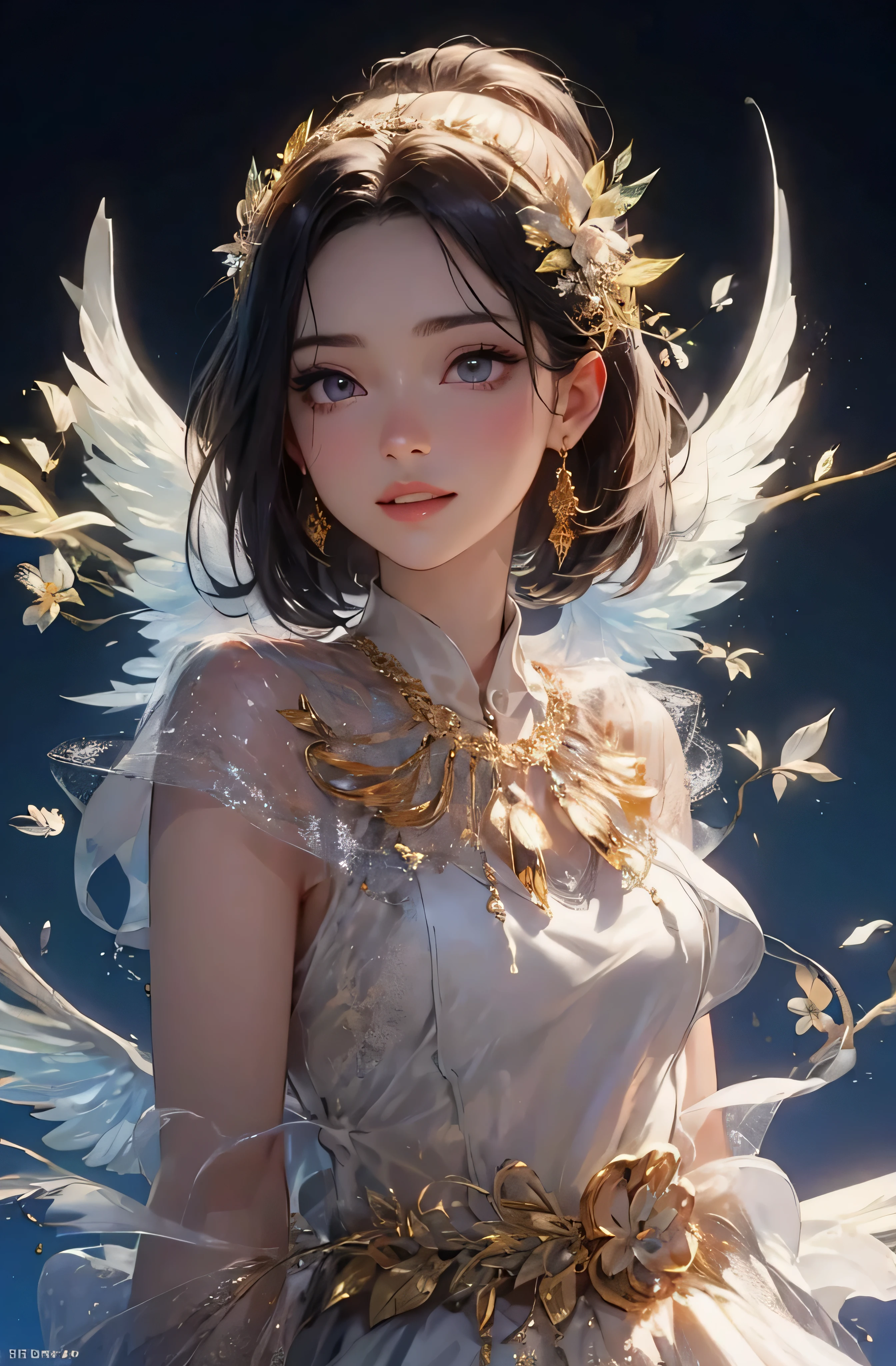 castle in the distance、face is in front、look at the camera、profile、8K、real photos、ultra high resolution, master parts, highest quality, ticker , cinematic images,nice girl、Ann、16 only、Annグロサクソン、double eyelid、droopy eyes、very big eyes、eyes are purple、dark eye shadow、lips are very thin、The tip of your nose grows beautifully.......................................................、small nose,,,,, very detailed , silver hair、straight short hair、smile、 sweet expression 、)、very clear shadows , jewelry , fine eyes, Very difficult, shiny skin , パーフェクトブリリAnnト, perfect sentence, dramatic shadow、white tiara on head、gold necklace around neck、White aristocratic dress with gold embroidery、glass high heels、angel wings