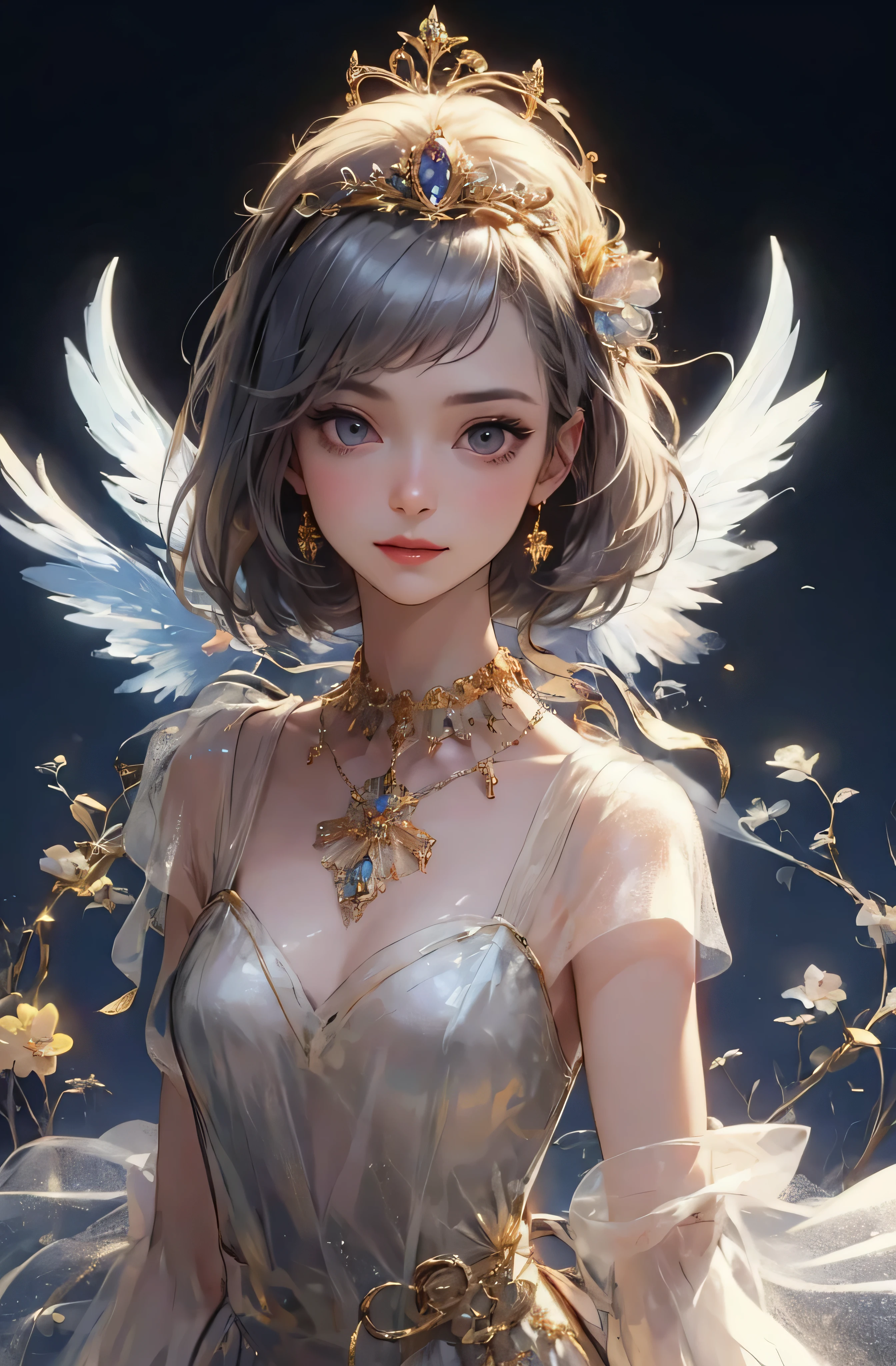 castle in the distance、face is in front、look at the camera、profile、8K、real photos、ultra high resolution, master parts, highest quality, ticker , cinematic images,nice girl、Ann、16 only、Annグロサクソン、double eyelid、droopy eyes、very big eyes、eyes are purple、dark eye shadow、lips are very thin、The tip of your nose grows beautifully.......................................................、small nose,,,,, very detailed , silver hair、straight short hair、smile、 sweet expression 、)、very clear shadows , jewelry , fine eyes, Very difficult, shiny skin , パーフェクトブリリAnnト, perfect sentence, dramatic shadow、white tiara on head、gold necklace around neck、White aristocratic dress with gold embroidery、glass high heels、angel wings