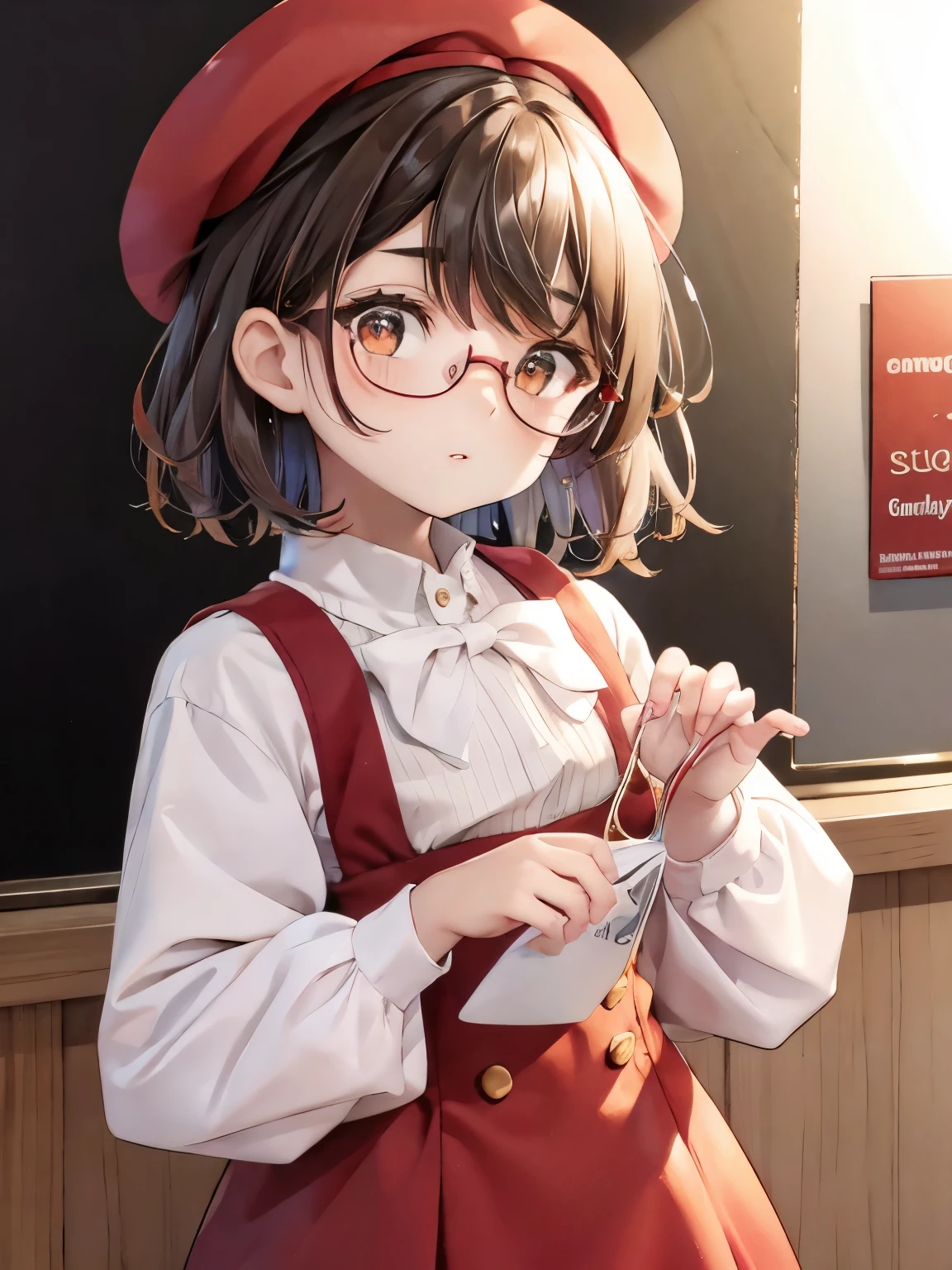 Round glasses, short hair, dark brown hair, thick eyebrows, red clothes, beret