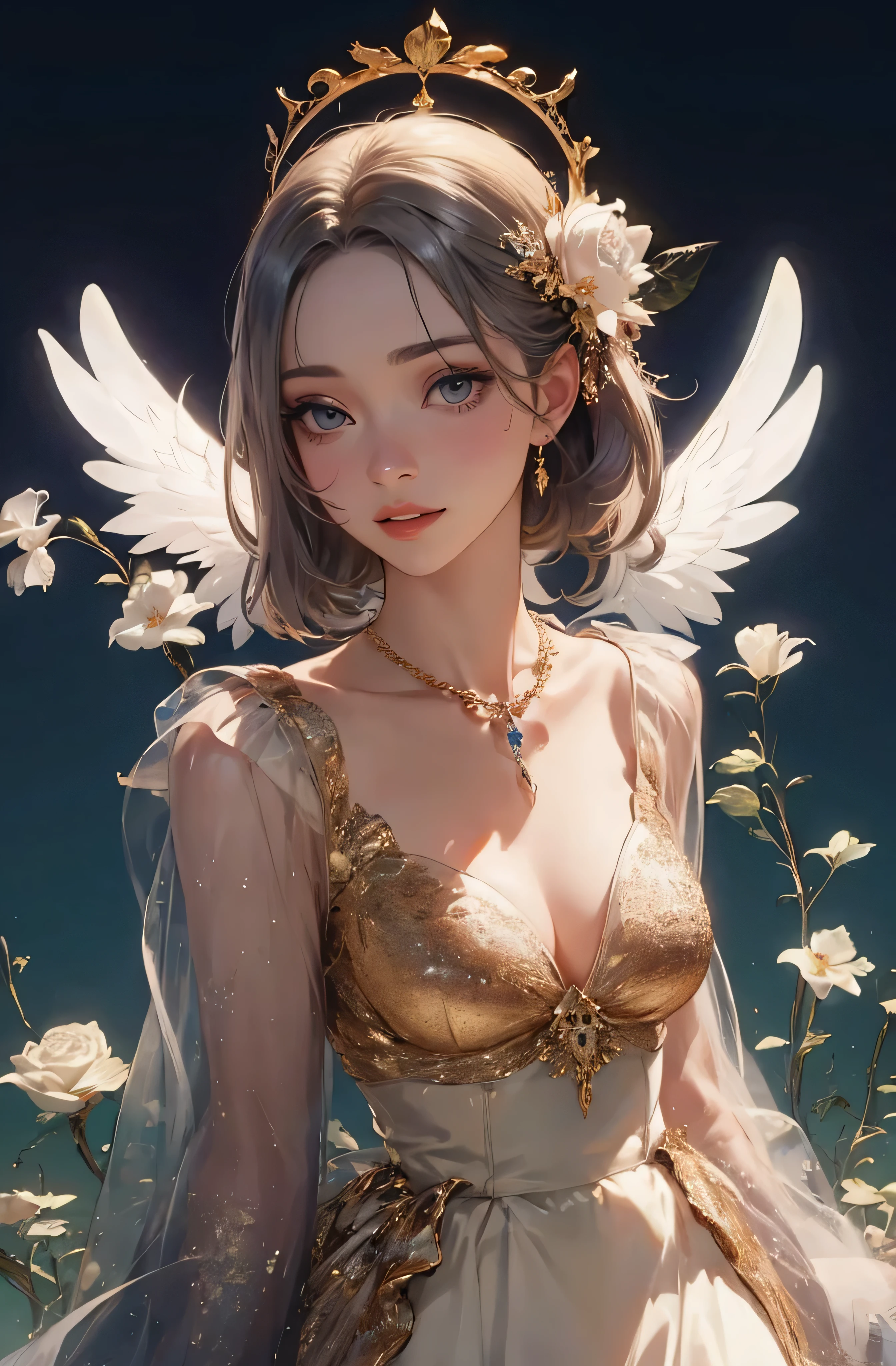 castle in the distance、face is in front、look at the camera、profile、8K、real photos、ultra high resolution, master parts, highest quality, ticker , cinematic images,nice girl、Ann、16 only、Annグロサクソン、double eyelid、droopy eyes、very big eyes、eyes are purple、dark eye shadow、lips are very thin、The tip of your nose grows beautifully.......................................................、small nose,,,,, very detailed , silver hair、straight short hair、smile、 sweet expression 、)、very clear shadows , jewelry , fine eyes, Very difficult, shiny skin , パーフェクトブリリAnnト, perfect sentence, dramatic shadow、white tiara on head、gold necklace around neck、White aristocratic dress with gold embroidery、glass high heels、angel wings