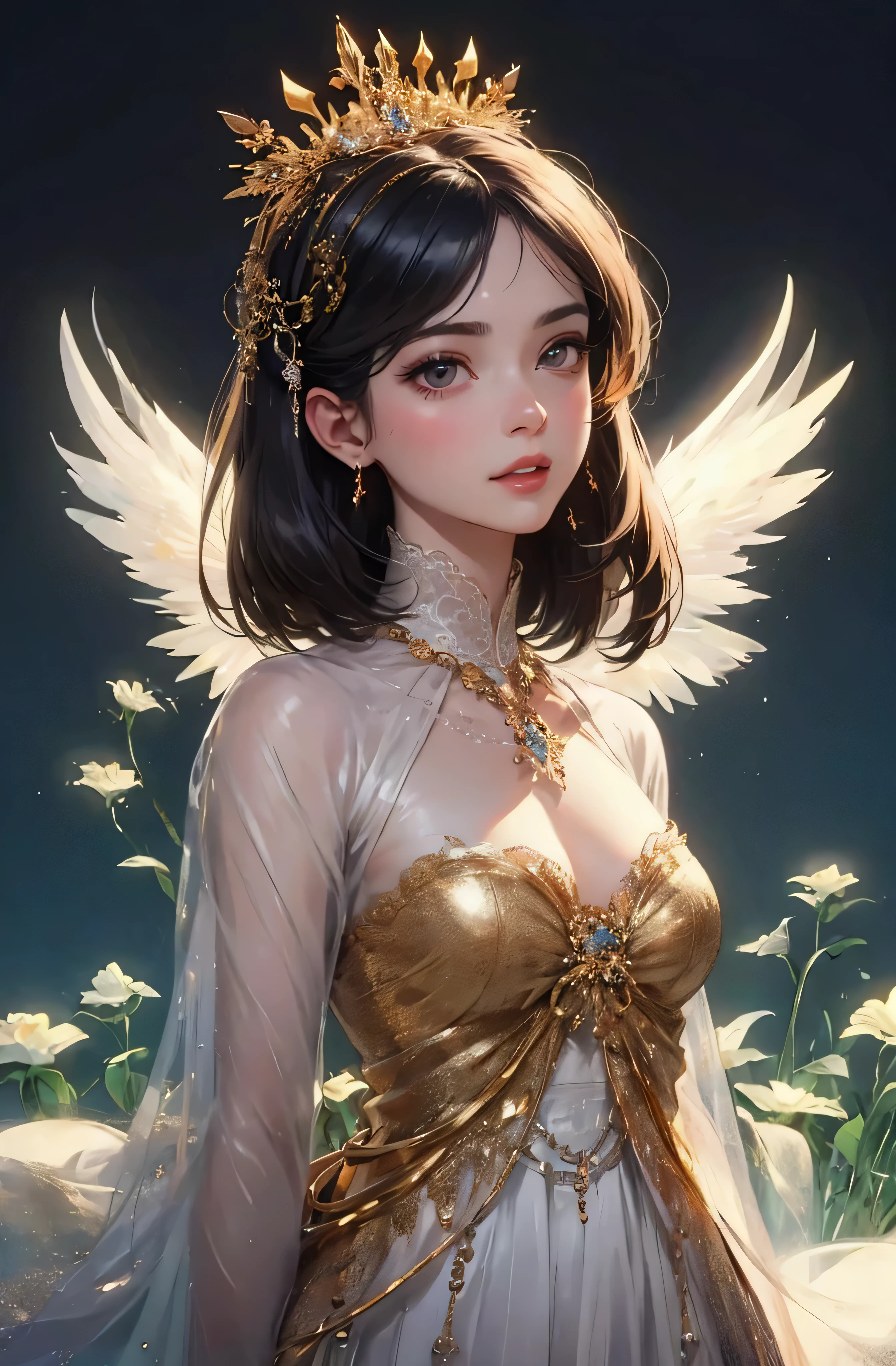 castle in the distance、face is in front、look at the camera、profile、8K、real photos、ultra high resolution, master parts, highest quality, ticker , cinematic images,nice girl、Ann、16 only、Annグロサクソン、double eyelid、droopy eyes、very big eyes、eyes are purple、dark eye shadow、lips are very thin、The tip of your nose grows beautifully.......................................................、small nose,,,,, very detailed , silver hair、straight short hair、smile、 sweet expression 、)、very clear shadows , jewelry , fine eyes, Very difficult, shiny skin , パーフェクトブリリAnnト, perfect sentence, dramatic shadow、white tiara on head、gold necklace around neck、White aristocratic dress with gold embroidery、glass high heels、angel wings