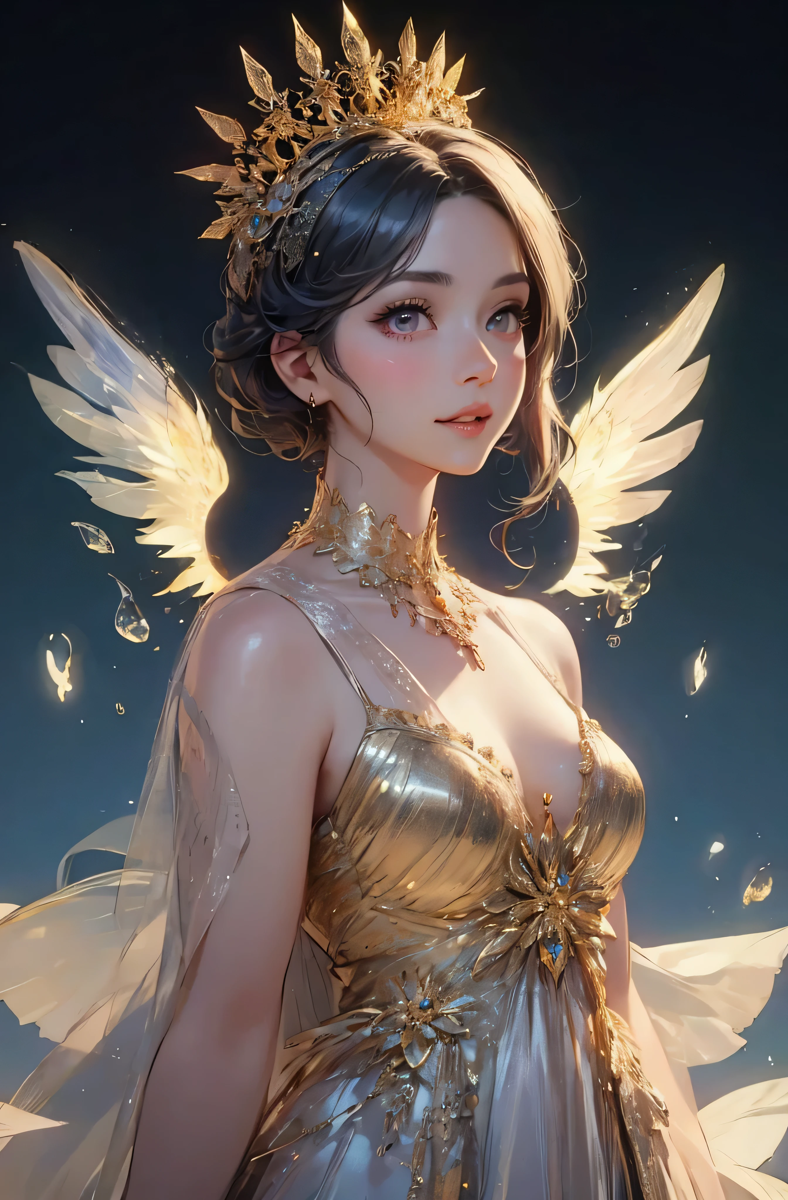 castle in the distance、face is in front、look at the camera、profile、8K、real photos、ultra high resolution, master parts, highest quality, ticker , cinematic images,nice girl、Ann、16 only、Annグロサクソン、double eyelid、droopy eyes、very big eyes、eyes are purple、dark eye shadow、lips are very thin、The tip of your nose grows beautifully.......................................................、small nose,,,,, very detailed , silver hair、straight short hair、smile、 sweet expression 、)、very clear shadows , jewelry , fine eyes, Very difficult, shiny skin , パーフェクトブリリAnnト, perfect sentence, dramatic shadow、white tiara on head、gold necklace around neck、White aristocratic dress with gold embroidery、glass high heels、angel wings