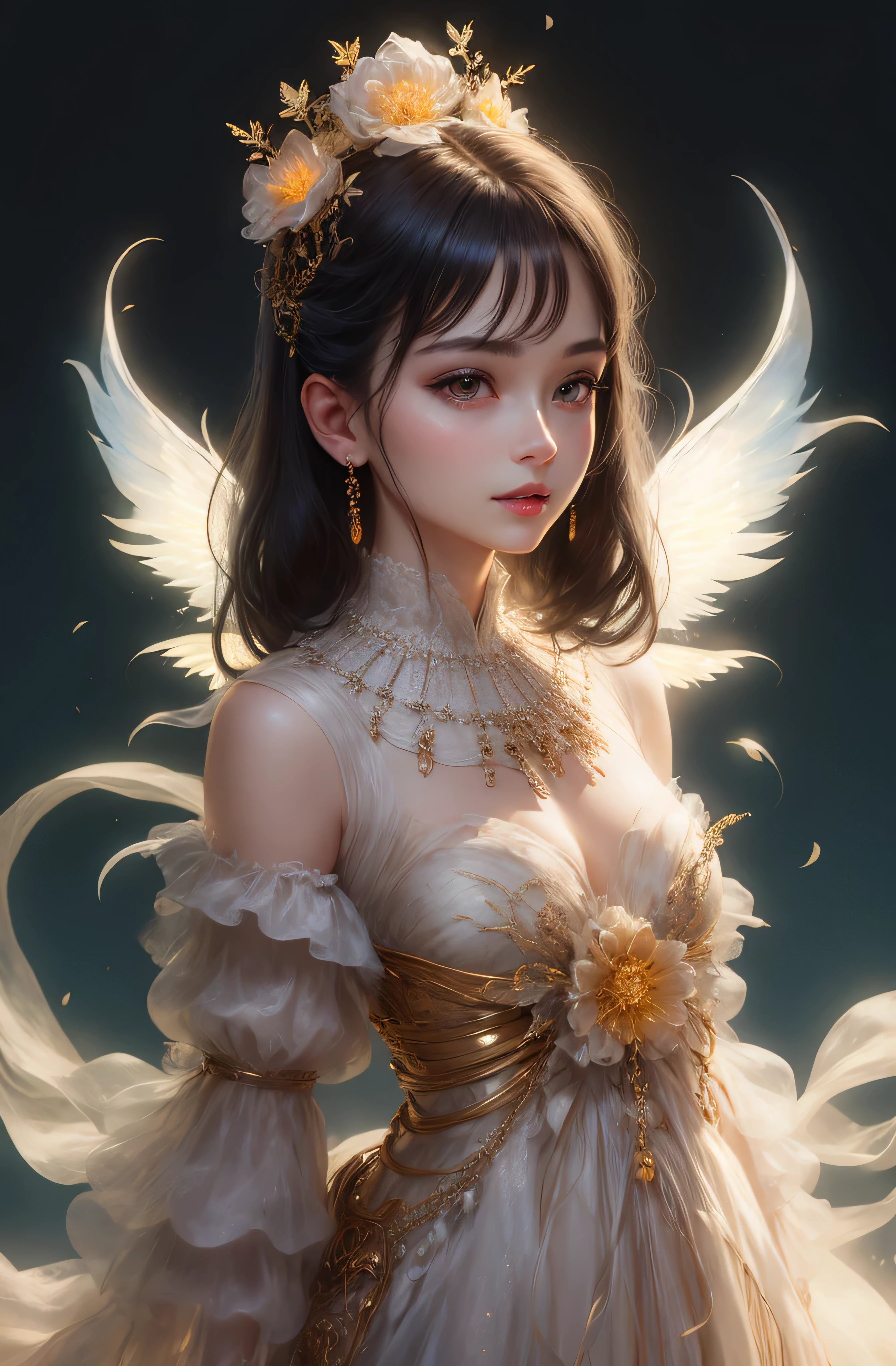 castle in the distance、face is in front、look at the camera、profile、8K、real photos、ultra high resolution, master parts, highest quality, ticker , cinematic images,nice girl、Ann、16 only、Annグロサクソン、double eyelid、droopy eyes、very big eyes、eyes are purple、dark eye shadow、lips are very thin、The tip of your nose grows beautifully.......................................................、small nose,,,,, very detailed , silver hair、straight short hair、smile、 sweet expression 、)、very clear shadows , jewelry , fine eyes, Very difficult, shiny skin , パーフェクトブリリAnnト, perfect sentence, dramatic shadow、white tiara on head、gold necklace around neck、White aristocratic dress with gold embroidery、glass high heels、angel wings