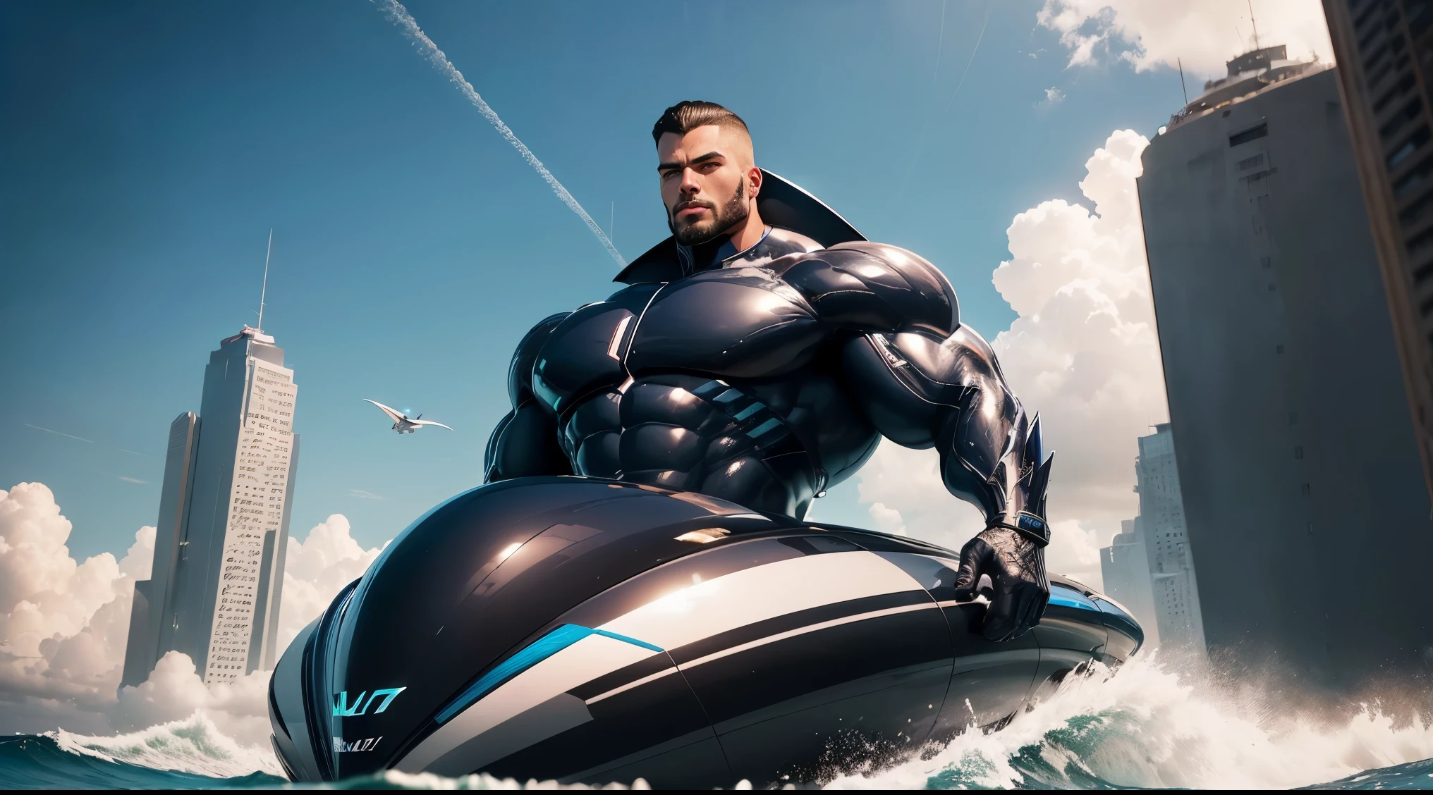 ((Homem carrancudo em uma lancha futurista)),foto perfeita (homem ocidental em uma lancha futurista),corpo muscular de homem,big muscle,Full body photo of futuristic man on a futuristic speedboat over the open waters of the ocean.