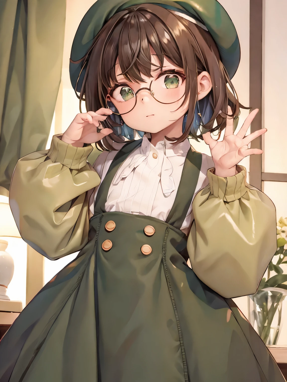 Round glasses, short hair, dark brown hair, thick eyebrows, green clothes, beret