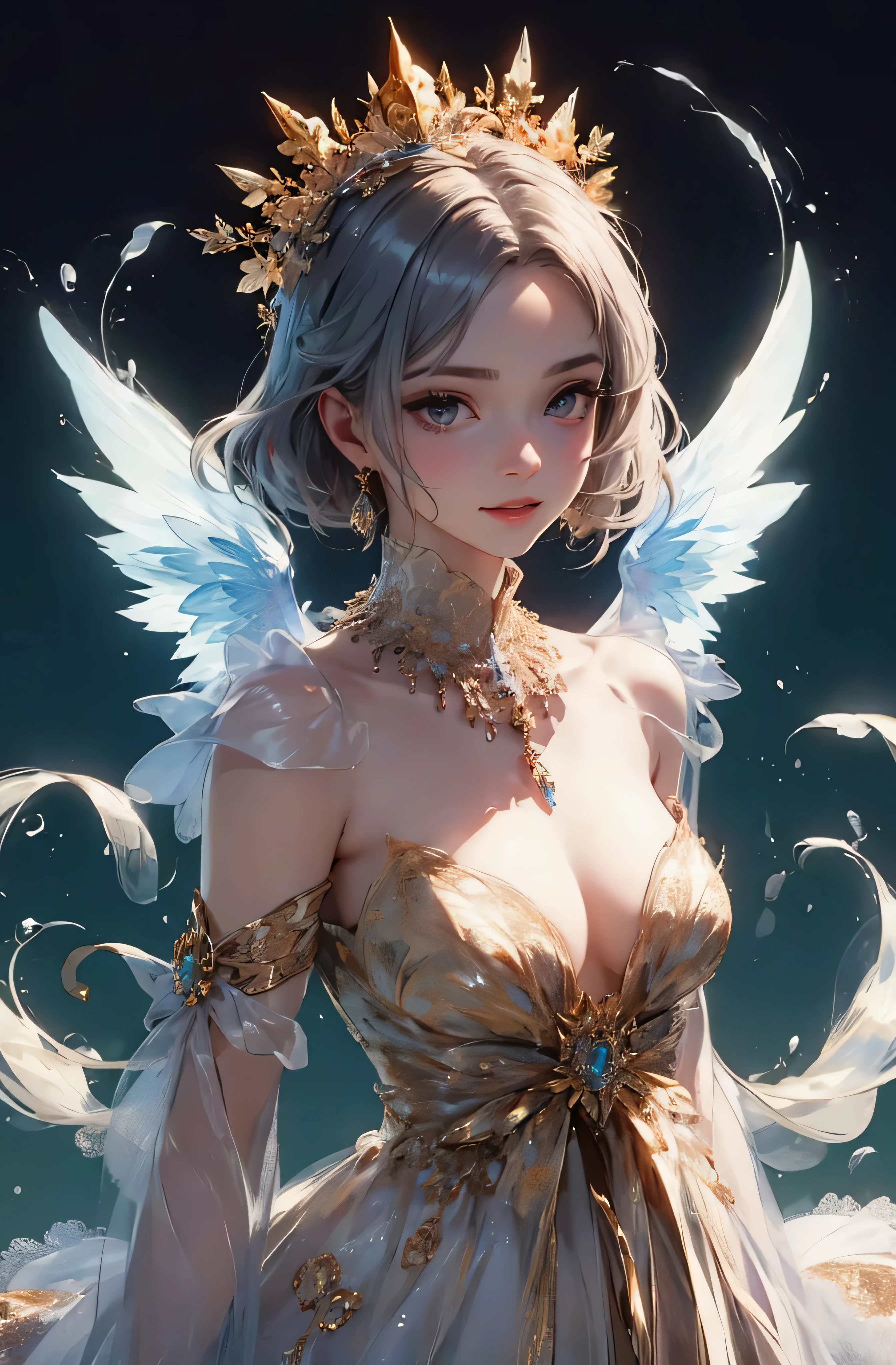 castle in the distance、face is in front、look at the camera、profile、8K、real photos、ultra high resolution, master parts, highest quality, ticker , cinematic images,nice girl、Ann、16 only、Annグロサクソン、double eyelid、droopy eyes、very big eyes、eyes are purple、dark eye shadow、lips are very thin、The tip of your nose grows beautifully.......................................................、small nose,,,,, very detailed , silver hair、straight short hair、smile、 sweet expression 、)、very clear shadows , jewelry , fine eyes, Very difficult, shiny skin , パーフェクトブリリAnnト, perfect sentence, dramatic shadow、white tiara on head、gold necklace around neck、White aristocratic dress with gold embroidery、glass high heels、angel wings