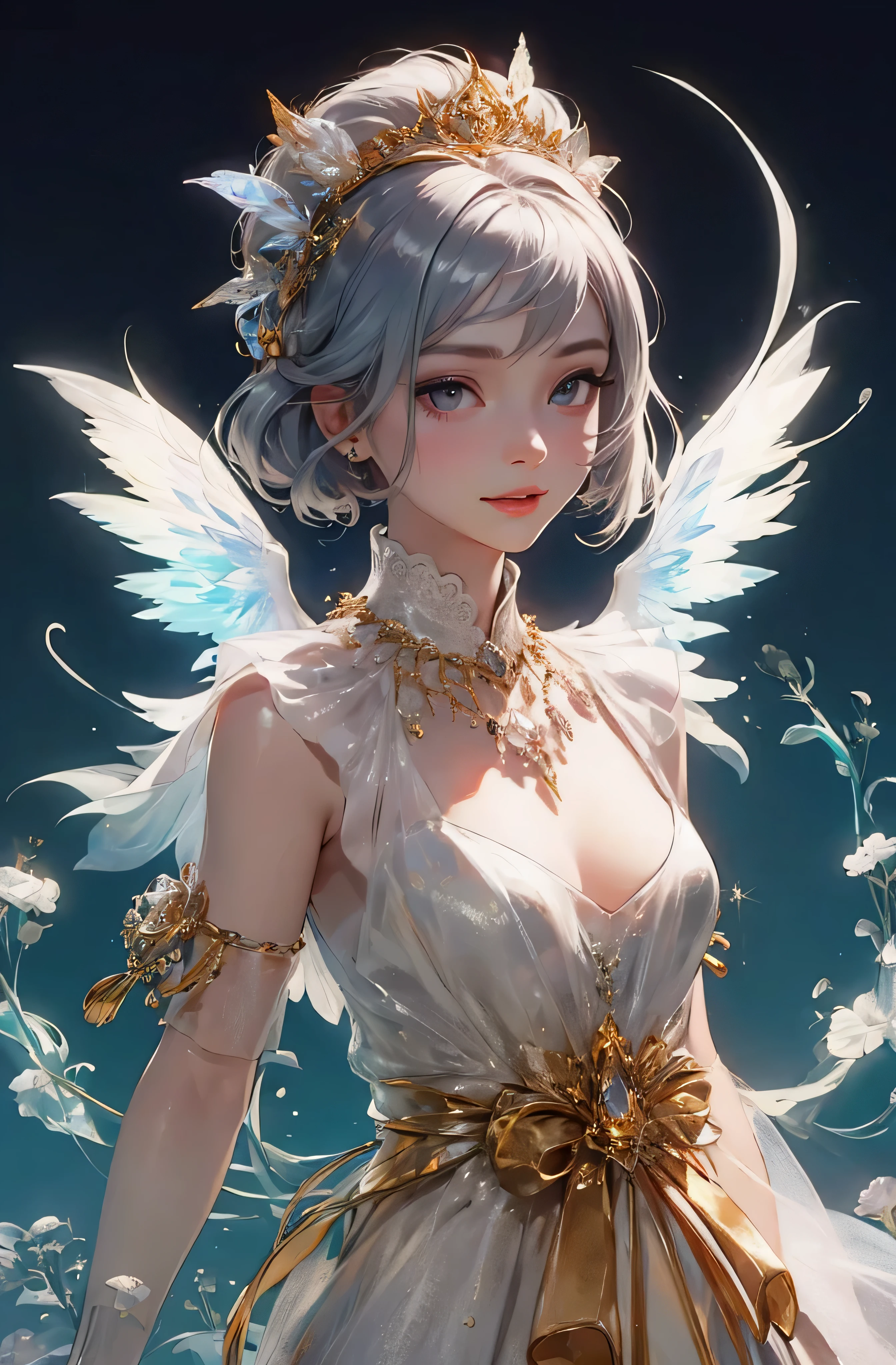 castle in the distance、face is in front、look at the camera、profile、8K、real photos、ultra high resolution, master parts, highest quality, ticker , cinematic images,nice girl、Ann、16 only、Annグロサクソン、double eyelid、droopy eyes、very big eyes、eyes are purple、dark eye shadow、lips are very thin、The tip of your nose grows beautifully.......................................................、small nose,,,,, very detailed , silver hair、straight short hair、smile、 sweet expression 、)、very clear shadows , jewelry , fine eyes, Very difficult, shiny skin , パーフェクトブリリAnnト, perfect sentence, dramatic shadow、white tiara on head、gold necklace around neck、White aristocratic dress with gold embroidery、glass high heels、angel wings