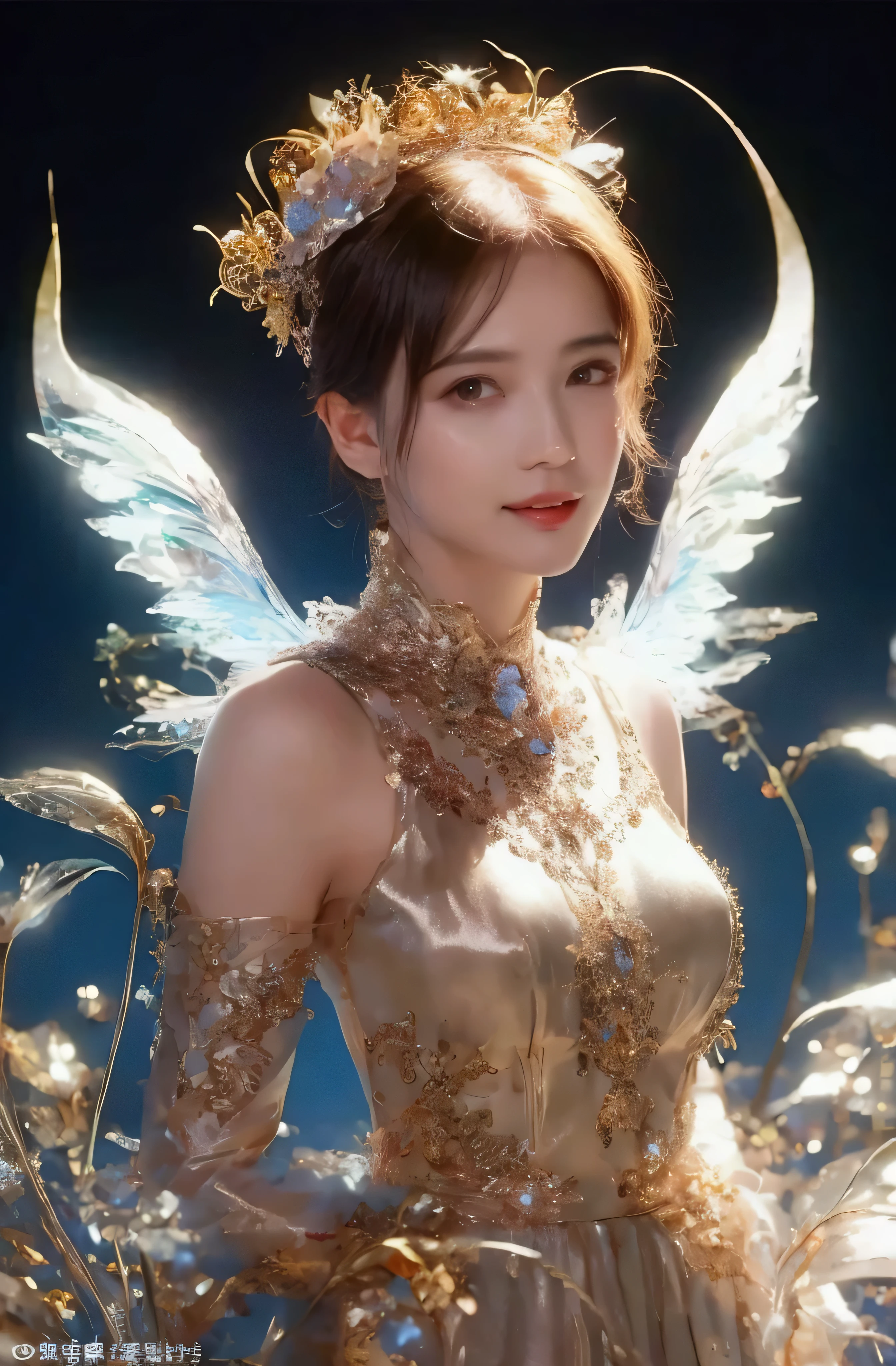 castle in the distance、face is in front、look at the camera、profile、8K、real photos、ultra high resolution, master parts, highest quality, ticker , cinematic images,nice girl、Ann、14 years old、Annグロサクソン、double eyelid、droopy eyes、very big eyes、eyes are purple、dark eye shadow、lips are very thin、The tip of your nose grows beautifully.......................................................、small nose,,,,, very detailed , silver hair、straight short hair、smile、 sweet expression 、）、very clear shadows , jewelry , fine eyes, Very difficult, shiny skin , パーフェクトブリリAnnト, perfect sentence, dramatic shadow、white tiara on head、gold necklace around neck、White aristocratic dress with gold embroidery、glass high heels、angel wings