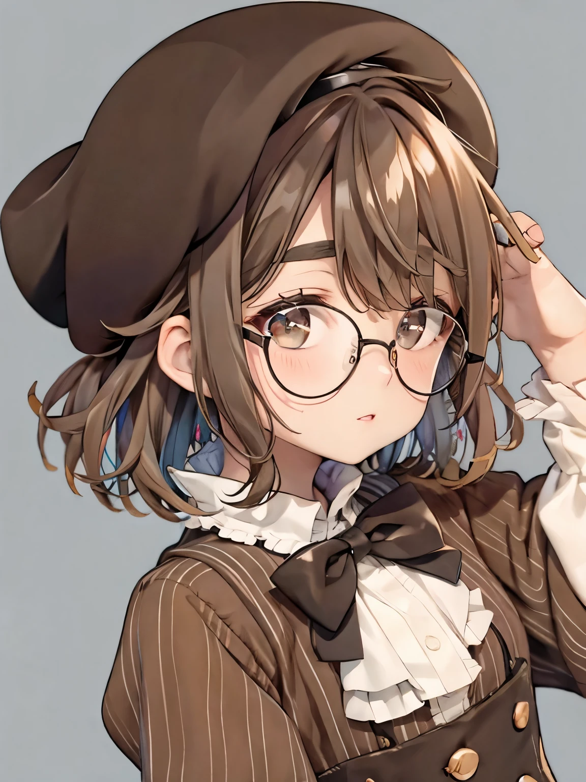Round glasses, short hair, dark brown hair, thick eyebrows, brown clothes, beret, frills