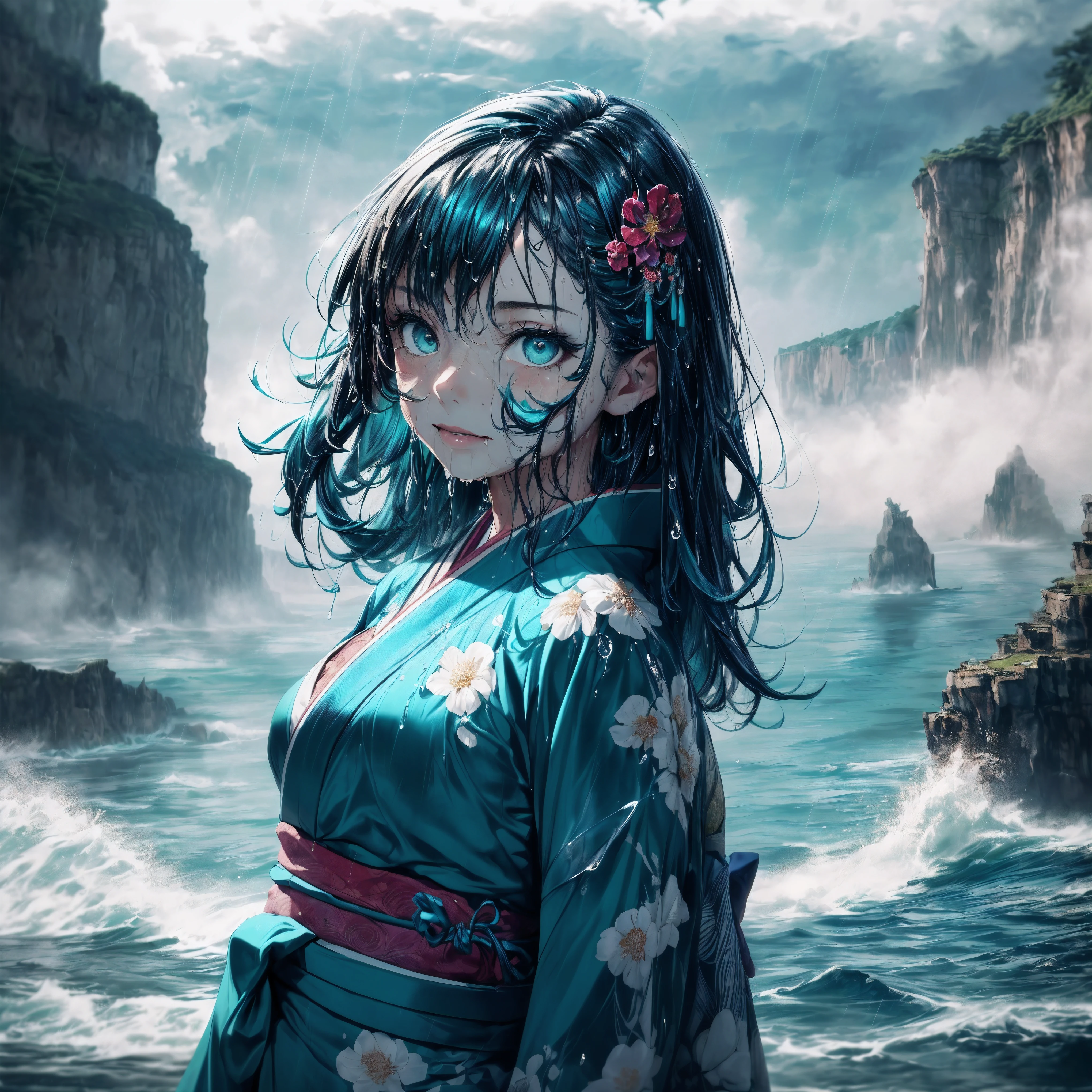 (Throw), (A 7 year old girl:1.2), (Very young ), (alone), ((small breasts)), (wide angle), bitter smile, original photo, Atmospheric distance perception, aesthetic, complex, won, cybernetic enhancement, chiaroscuro, best quality, Detailed background, (hazy atmosphere:1.2), (cloudy day),((Girl in teal 棉质kimono:1.2)), 棉质kimono, 棉质kimono, wet cotton texture, The best wrinkles, real wrinkles, best shade, strong wind, (walk through (薄雾黑暗岩石cliff)), ((It's raining, downpour, raindrop)), (real location), Exquisite and beautiful eyes, casual gesture, Detailed texture, pose, (Anatomically correct body, Detailed face, (非常Detailed texturekimono与花卉图案), (wet, wet face, Mucus wrap, ((very wet) 纹理kimono), (wet hair), (black hair), thick hair, hair accessories, kimono, Heart, outdoor, petal, 色彩缤纷的kimono, sash, ((cliff), the sea below cliff, (Raging sea, spray), Beautiful and detailed sea water),Sky, wide sleeves, yukata, ((cloudy, downpours))
