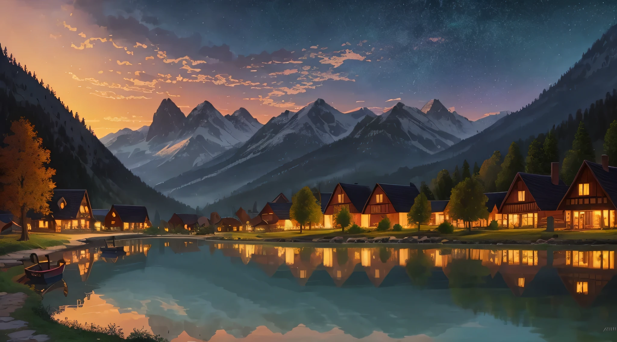 Little (Town) Village built on a small lake surrounded by mountains, (time night) sky, warm colors, vibrant  lighting, realistic, in the style of CAMILLE PISSARRO  