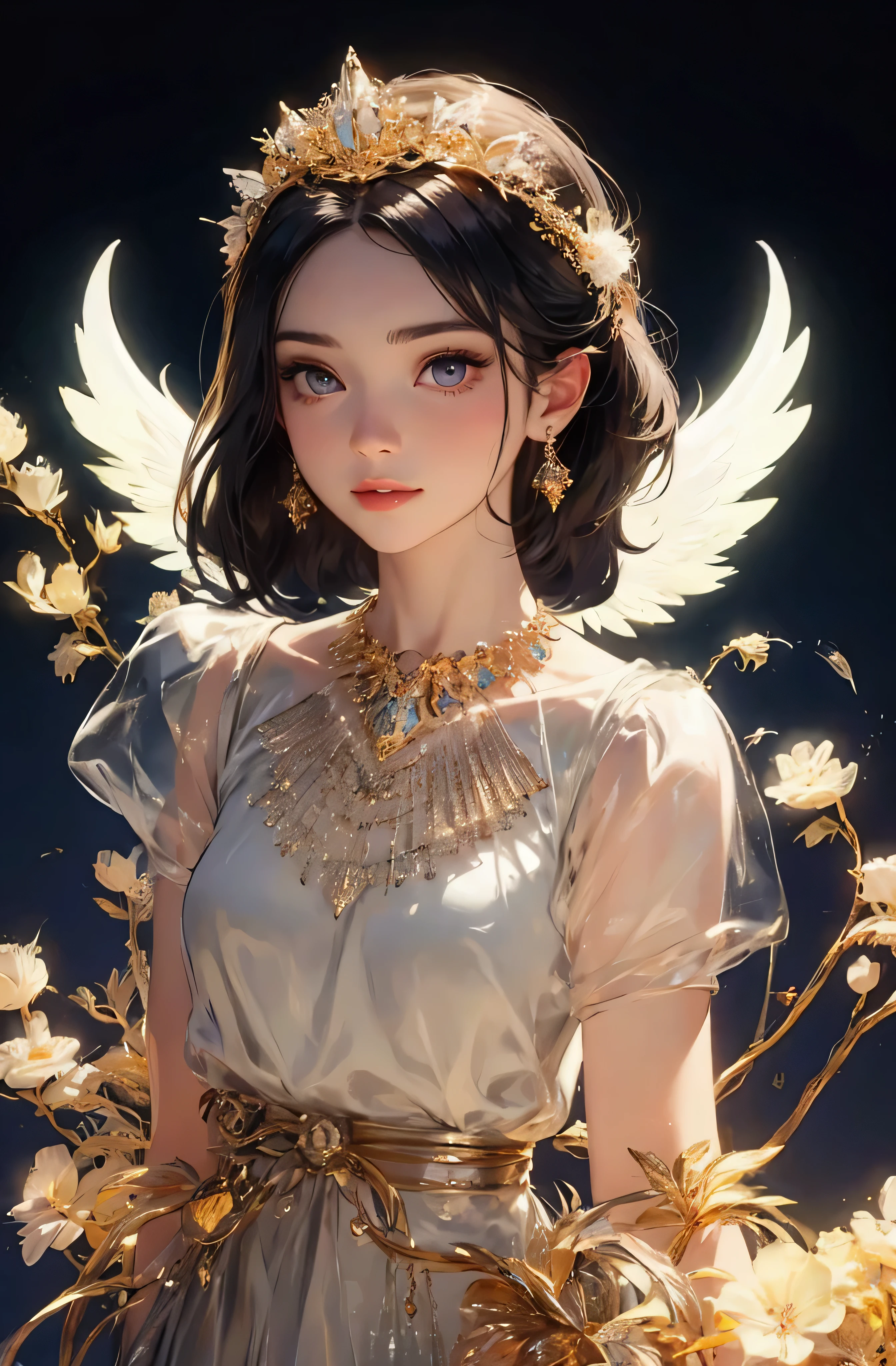 castle in the distance、face is in front、look at the camera、profile、8K、real photos、ultra high resolution, master parts, highest quality, ticker , cinematic images,nice girl、Ann、14 years old、Annグロサクソン、double eyelid、droopy eyes、very big eyes、eyes are purple、dark eye shadow、lips are very thin、The tip of your nose grows beautifully.......................................................、small nose,,,,, very detailed , silver hair、straight short hair、smile、 sweet expression 、)、very clear shadows , jewelry , fine eyes, Very difficult, shiny skin , パーフェクトブリリAnnト, perfect sentence, dramatic shadow、white tiara on head、gold necklace around neck、White aristocratic dress with gold embroidery、glass high heels、angel wings