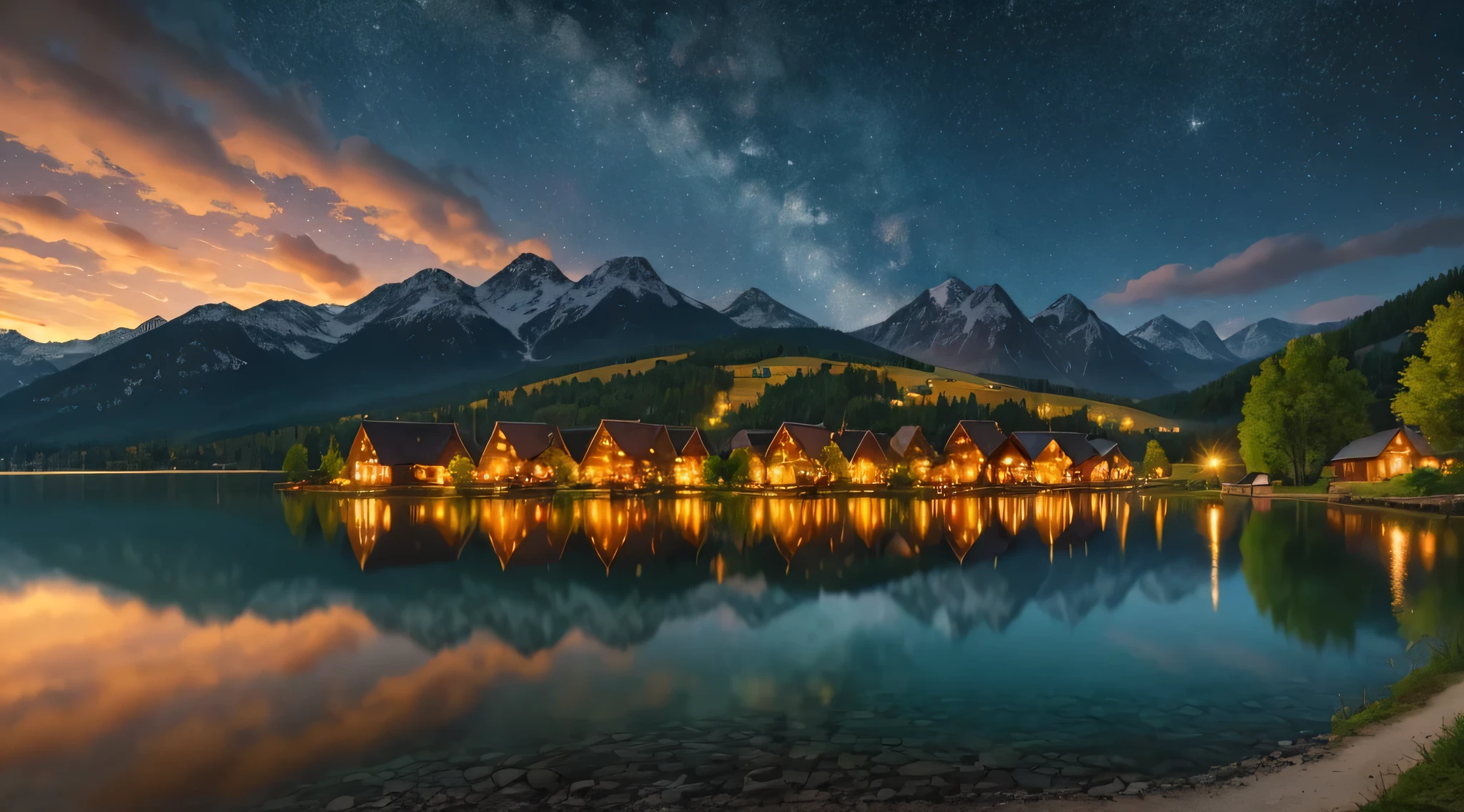 Little (Town) Village built on a small lake surrounded by mountains, (time night) sky, warm colors, vibrant lighting, realistic, in the style of CAMILLE PISSARRO