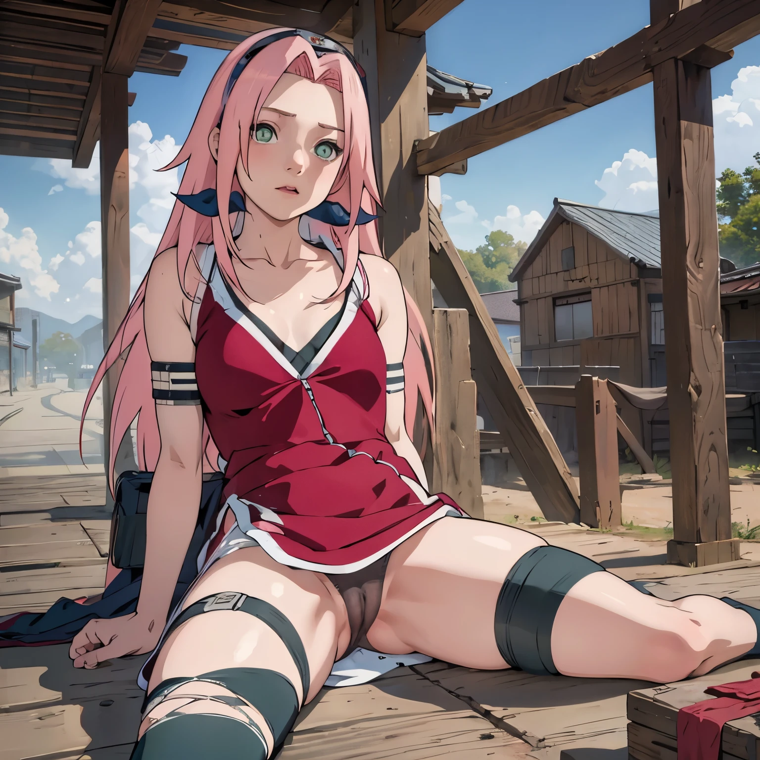 (masterpiece: 1.2), (high quality), 1girl, solo, lying, sakura haruno, pink hair, long hair, green eyes, red clothes, bare bottom, no panty, no underwear, pussy, hairy, black knee high socks , real whole body , realistic , reality , highly detailed , image looks very detailed , UHD quality , 8k lens , 70mm