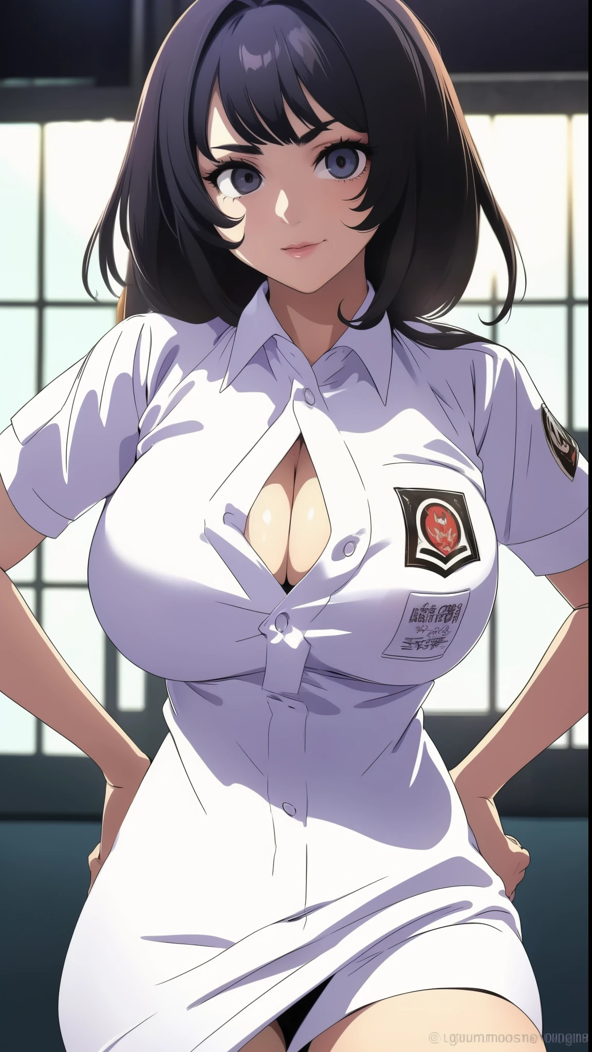 hands on own hips, highschool uniform, Indonesian_high_school, sma uniform_doodle, white uniform, blue skirt, {{{huge breasts}}}, {{tight buttons}} {{{Ultra quality}}}, anime screencap, {{{highres}}}, {{{Masterpiece}}}, {{{official art}}}, {{{original}}}, {{{expressive eyes}}}, {{{high detail}}}, {{{highly detailed face}}}, {{{simple lighting}}}, {{{Close up}}, {{cleavage}}, full body, parted bangs, perfect body, masterpiece, ,(solo:1.1), perfect face, small waist, (bright lighting:1.2),beautiful detailed eyes, extremely detailed face, perfect lighting,masterpiece, best quality, ((mature female)), , 30yo female, 1girl, {lshort black hair}, {pressed breasts},