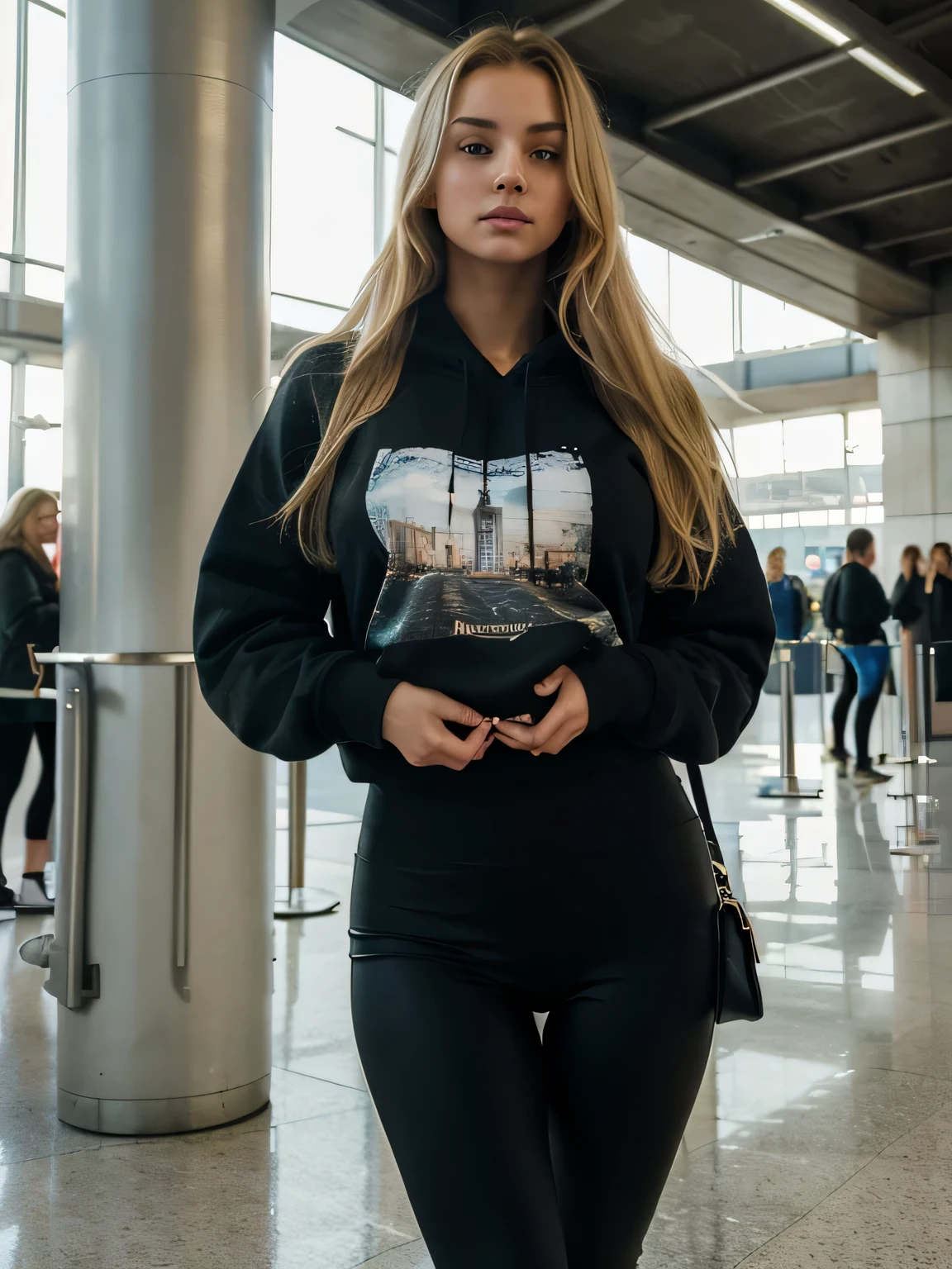 ((best quality)), ((masterpiece)), (detailed), high quality, at the airport, pretty blonde haired woman, holding one bag, wearing big oversized sweatshirt, black leggings, daylight, hyperrealistic picture