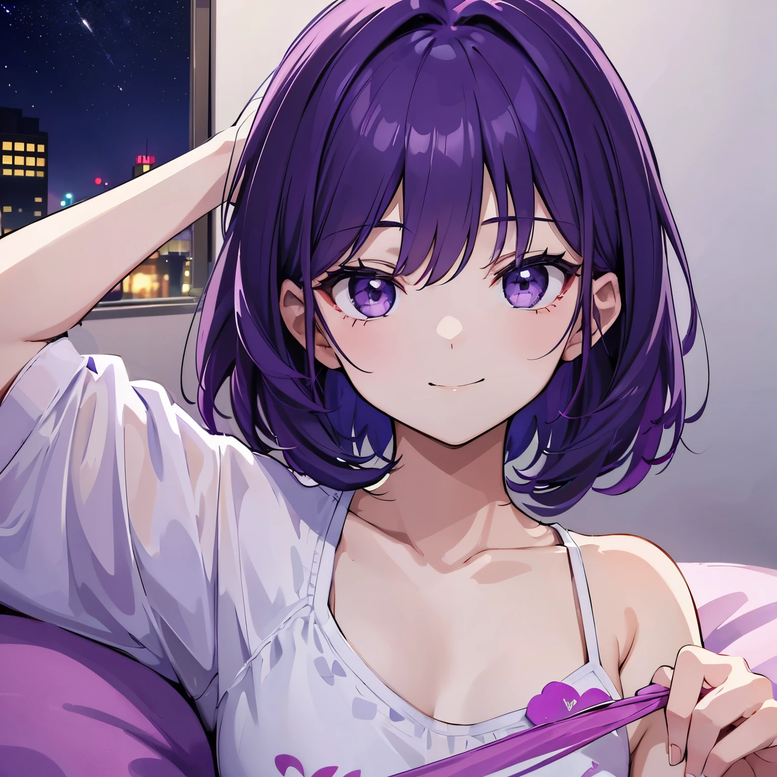 (T Masterpiece,4k wallpaper,best quality))、((girl1people))、(solo)、Brilliant,(purple hair)、(shortcut:1.3)、close up of face、smile、Bedroom、night、nightwear