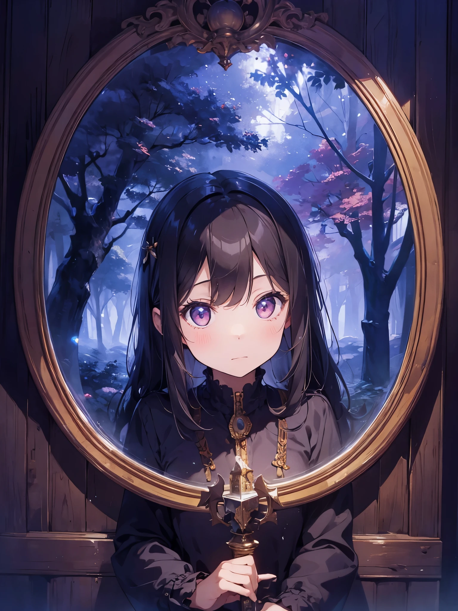 Girl trapped inside an antique magic mirror、The background is a spooky forest、Captive Princess