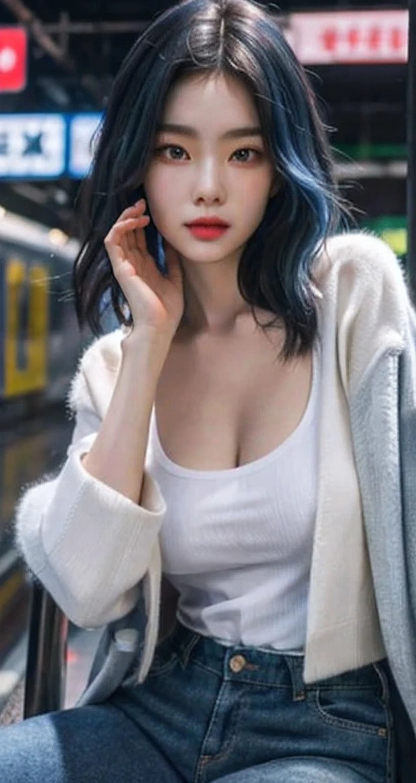 Best Quality Detail:1.2, realisitic, 8K UHD, hight resolution, 1girl in:1.2, The ultra-detailliert, High quality textures, intricate detailes, detaileds, Very detailed CG, High quality shadows, Detail Beautiful delicate face, Detail Beautiful delicate eyes, depth of fields, Ray traching, masterpiece, best quality,ulzzang -6500-v1.1:0.6, pureerosface_v1, Pretty korean Girl, Korean Urzan Face:1.1, milf, 28 year old woman,short neon blue hair,shiny_skin,thin_waist,gigantic breasts,wearing a oversize jaket and cargo pants, 4K, 8K UHD Full Color RAW Photos, Fuji Film(Medium format:1.2), Hasselblad:1.2, Carl zeiss:1.1, Incredible dynamic range photography(UTIL_Art by Smoose-768:1.1), hight resolution, High pixel count, clear details, crisp image, Natural color reproduction, Noise Reduction, High fidelity, qulity, Software Improvements, Upscaling, Optimized algorithms, Pro-level retouching,crowd:1.1,depth of field,looking at viewer,random pose sitting at the tokyo train background,random pose sitting at the tokyo train