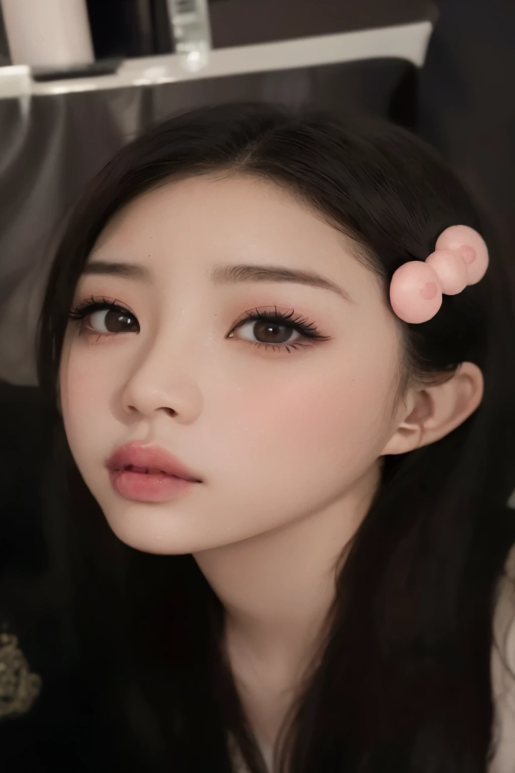 Un primer plano de una mujer con un lazo rosa en la cabeza, maquillaje popular de corea del sur, maquillaje coreano popular, joven y adorable rostro coreano, pale korean adorable face, rasgos de la cara coreana, labios claros y de alta calidad, retrato realista kawaii, Realista hermosos ojos grandes, lindos ojos redondos rasgados, hermosa mujer surcoreana, dulce conejita ultrarrealista, ojos y labios grandes