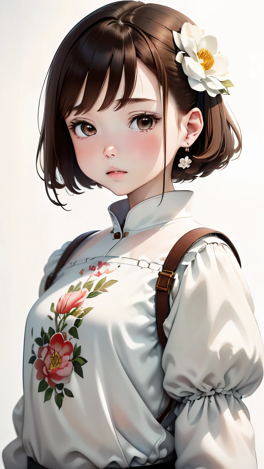 portrait、masterpiece:1.3、one girl、baby face、natural look、very cute、brown hair、short bob、small red earrings、plump lips、no makeup、white t-shirt、focus on face、最high quality、High resolution、Super detailed、high quality、Detailed details、8k、(((blurred background、white wall、white background、White world、Flower Illustration、Flower Illustrationの壁、壁にFlower Illustration、Flower Illustrationが描いてある壁、photo studio:1.5、cinematic lighting、professional photographer)))