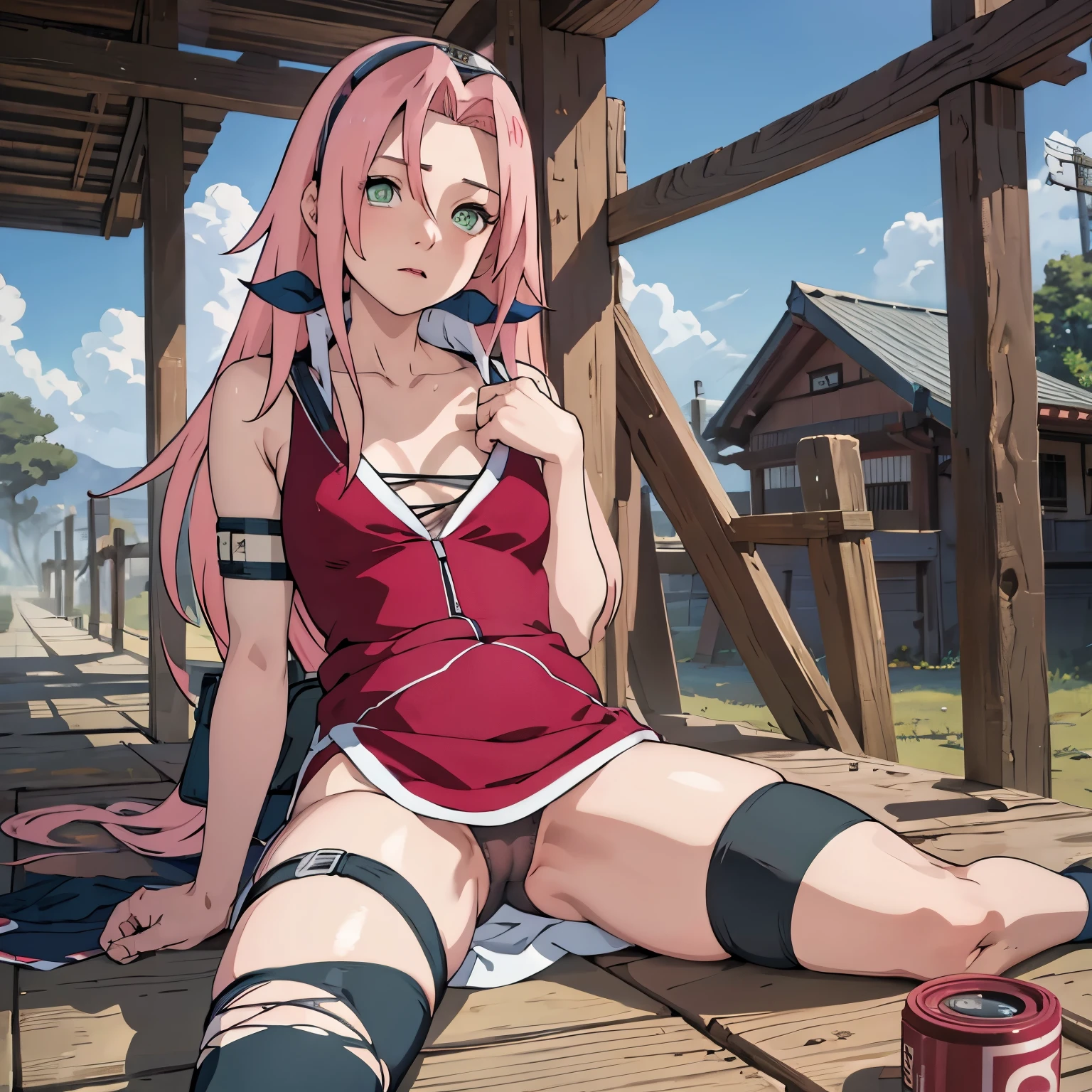 (masterpiece: 1.2), (high quality), 1girl, solo, lying, sakura haruno, pink hair, long hair, green eyes, red clothes, bare bottom, no panty, no underwear, pussy, hairy, black knee high socks , real whole body , realistic , reality , highly detailed , image looks very detailed , UHD quality , 8k lens , 70mm